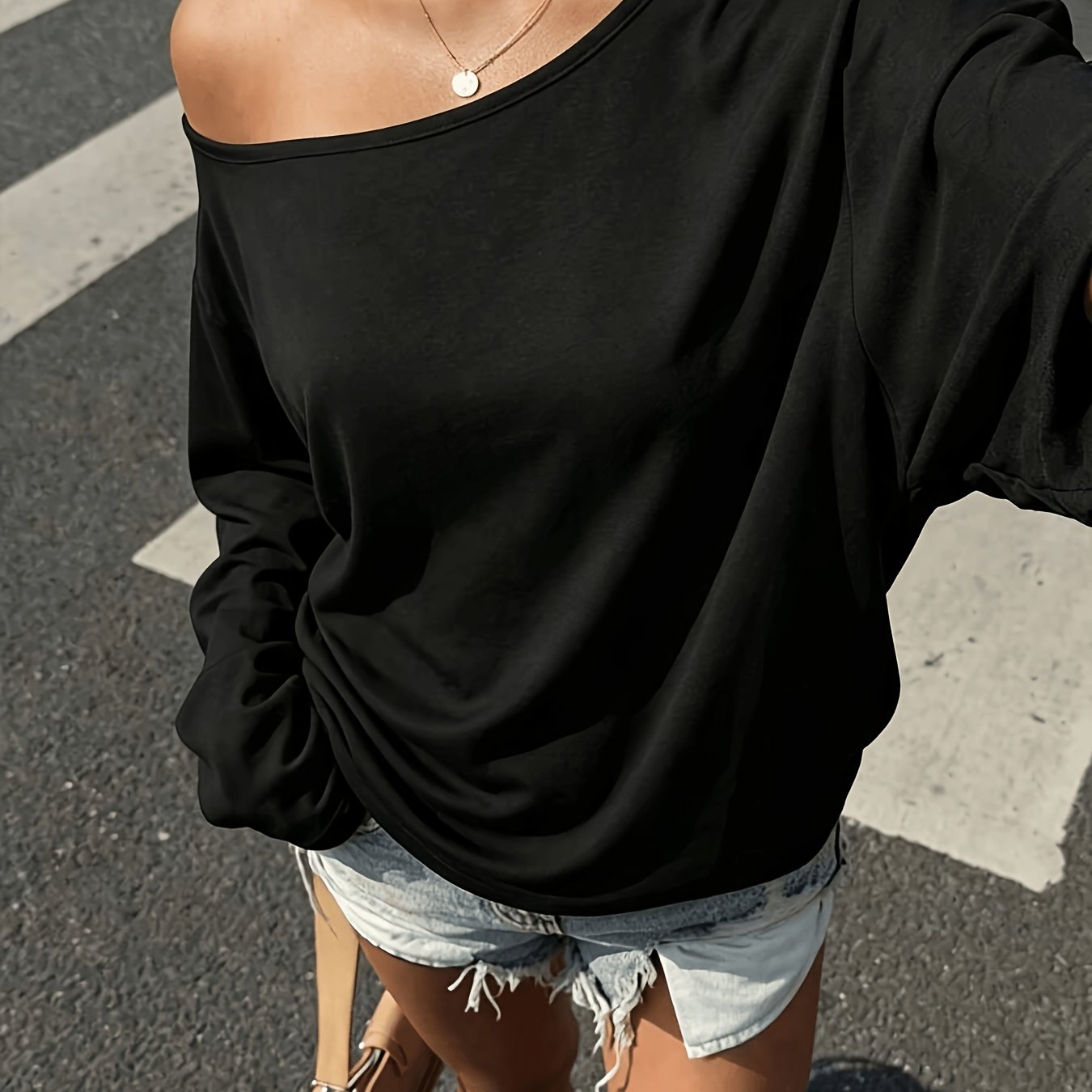 TEMU T-shirt da donna con orecchie , autunnale, vestibilit� , , con spalle scoperte e maniche lunghe, per uscite casual