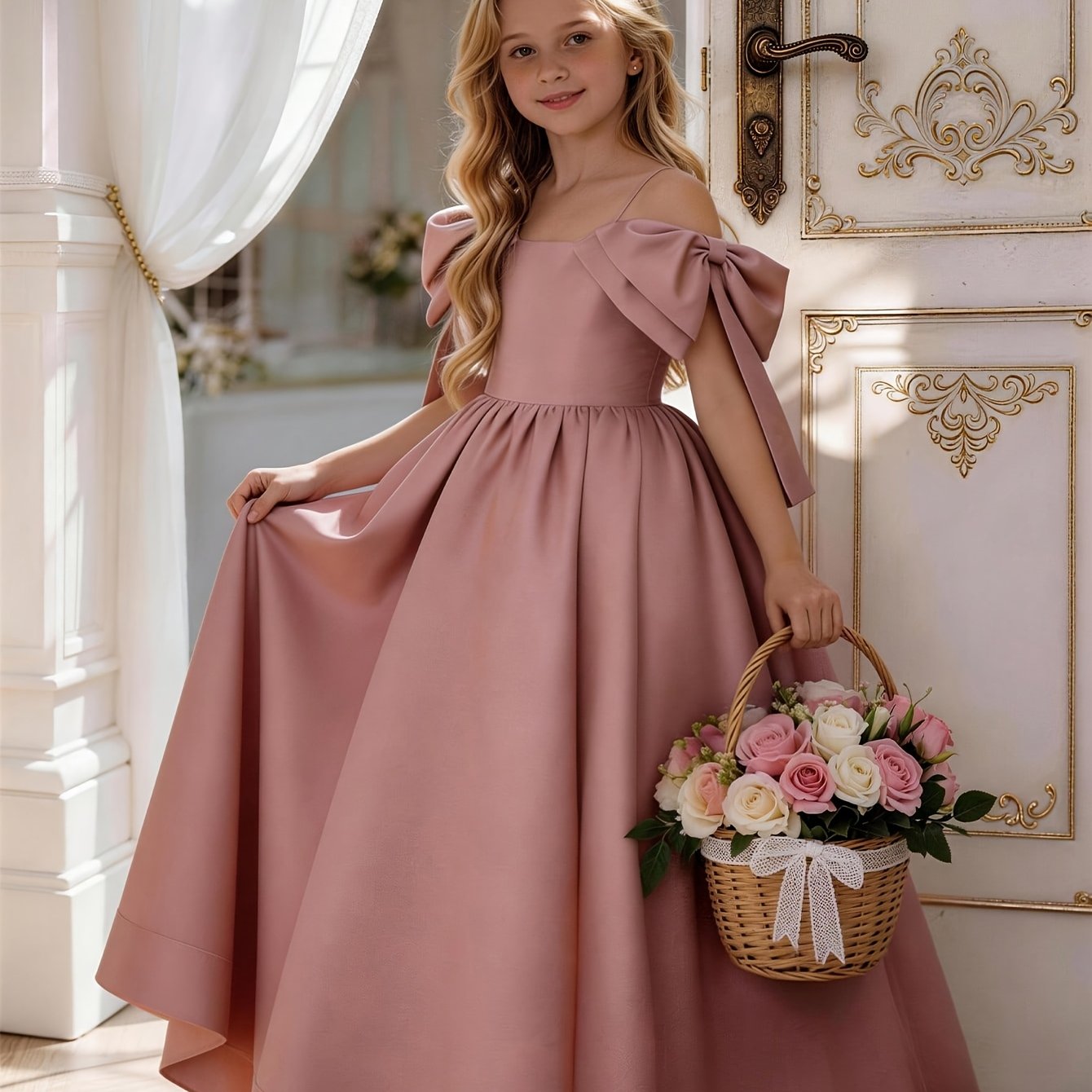 Image of Elegant Off-shoulder Bow Long A-line Dress, Suitable For Weddings, Flower Girls, Birthday Parties, And Piano , A High-end Formal Dress