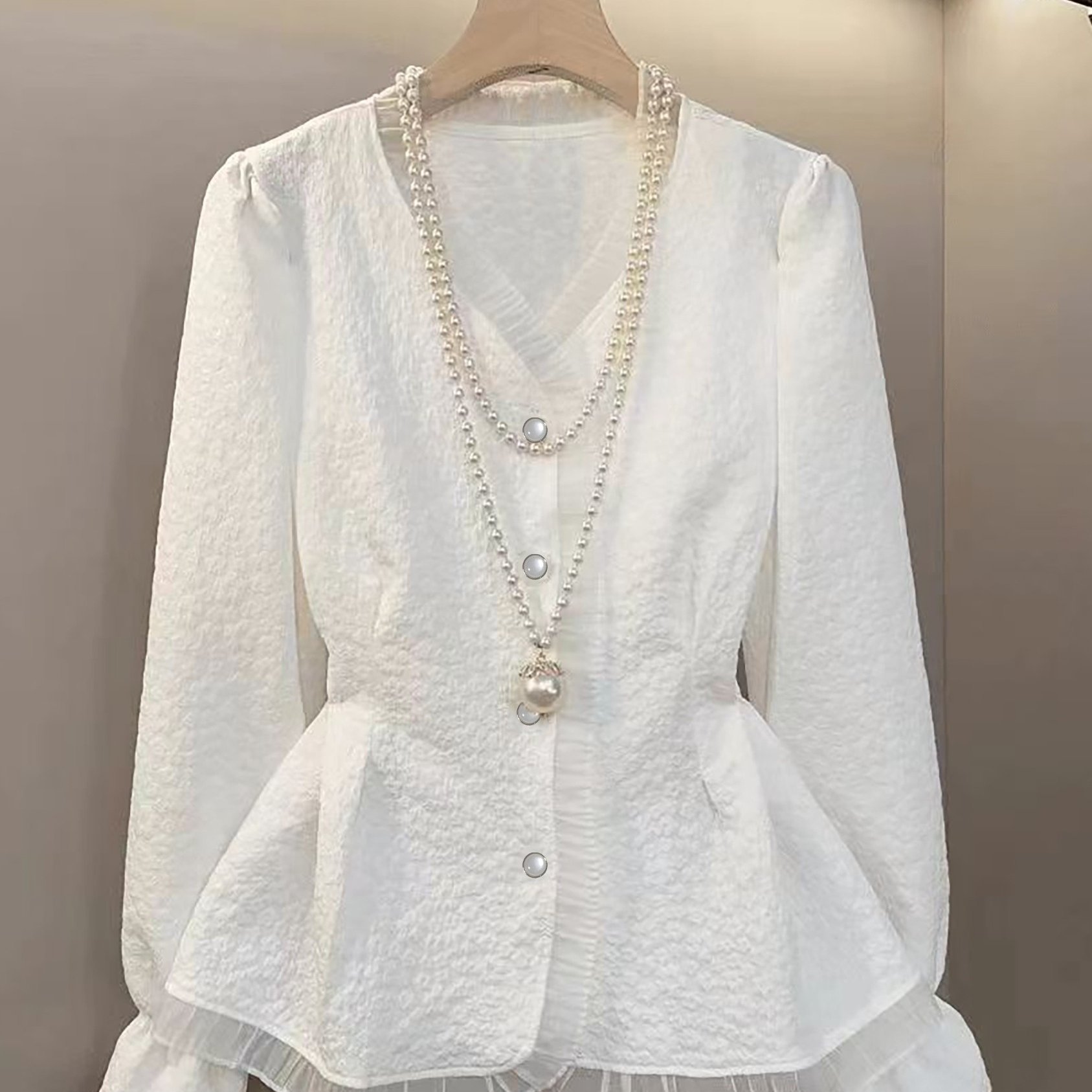 TEMU Spring/autumn Small Long Sleeve Shirt Lace Age-reducing Waist-cinching Versatile Top Women's