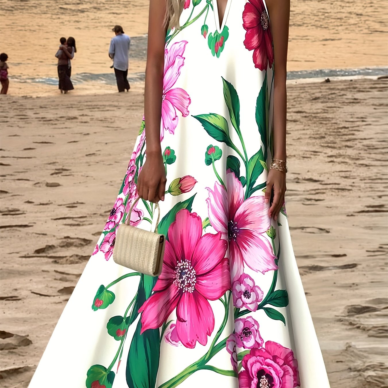 TEMU Casual Fashion Floral Placement Print Round Neck Dress, Casual Sleeveless A-line Long Dress Not Included, Suitable For Spring Summer, Women's
