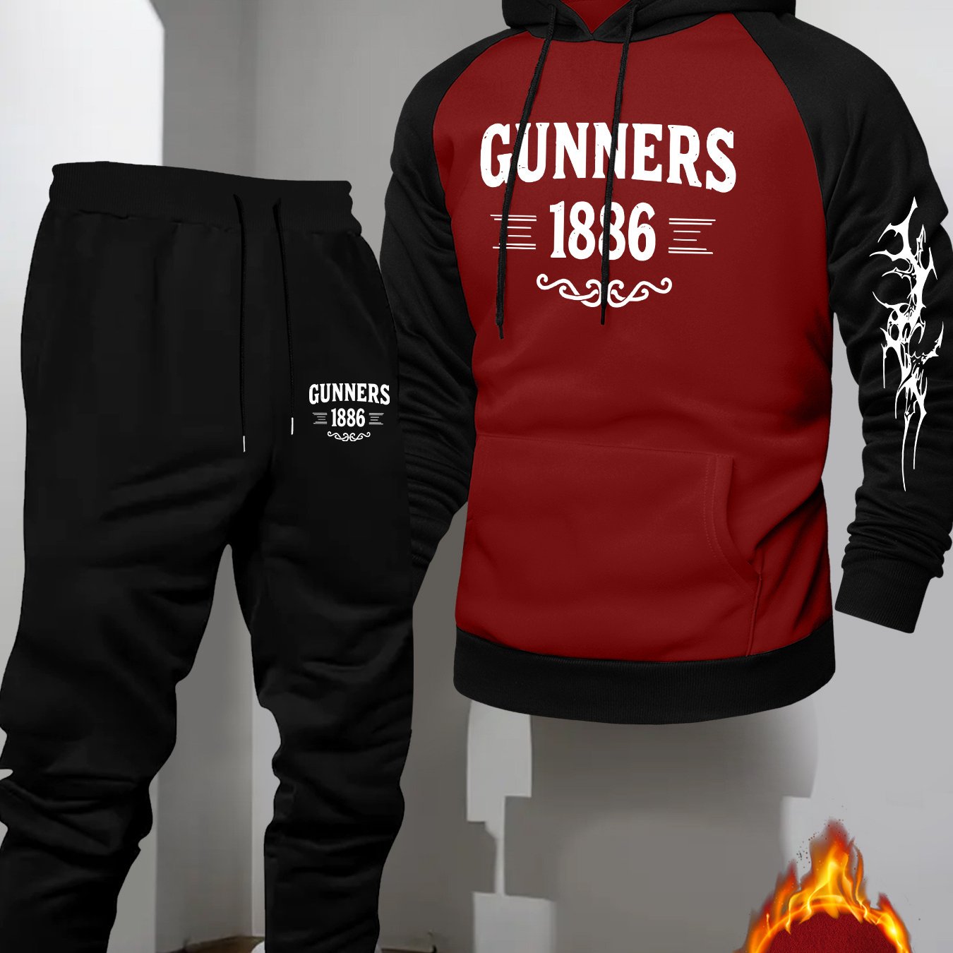 TEMU Men's Casual Hooded Sweatshirt & Jogger Set - "gunners 1886" Print, Black & , Regular Fit, Long Sleeve Pullover With Kangaroo Pocket,