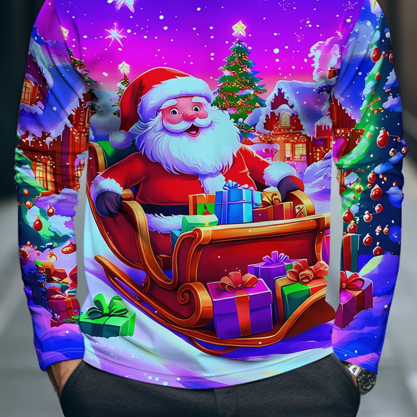 TEMU Christmas Theme Long Sleeve Shirt | Santa Claus On Sleigh With Gifts And Snow Scene | , Regular Fit, Crew Neck, Stretch Fabric