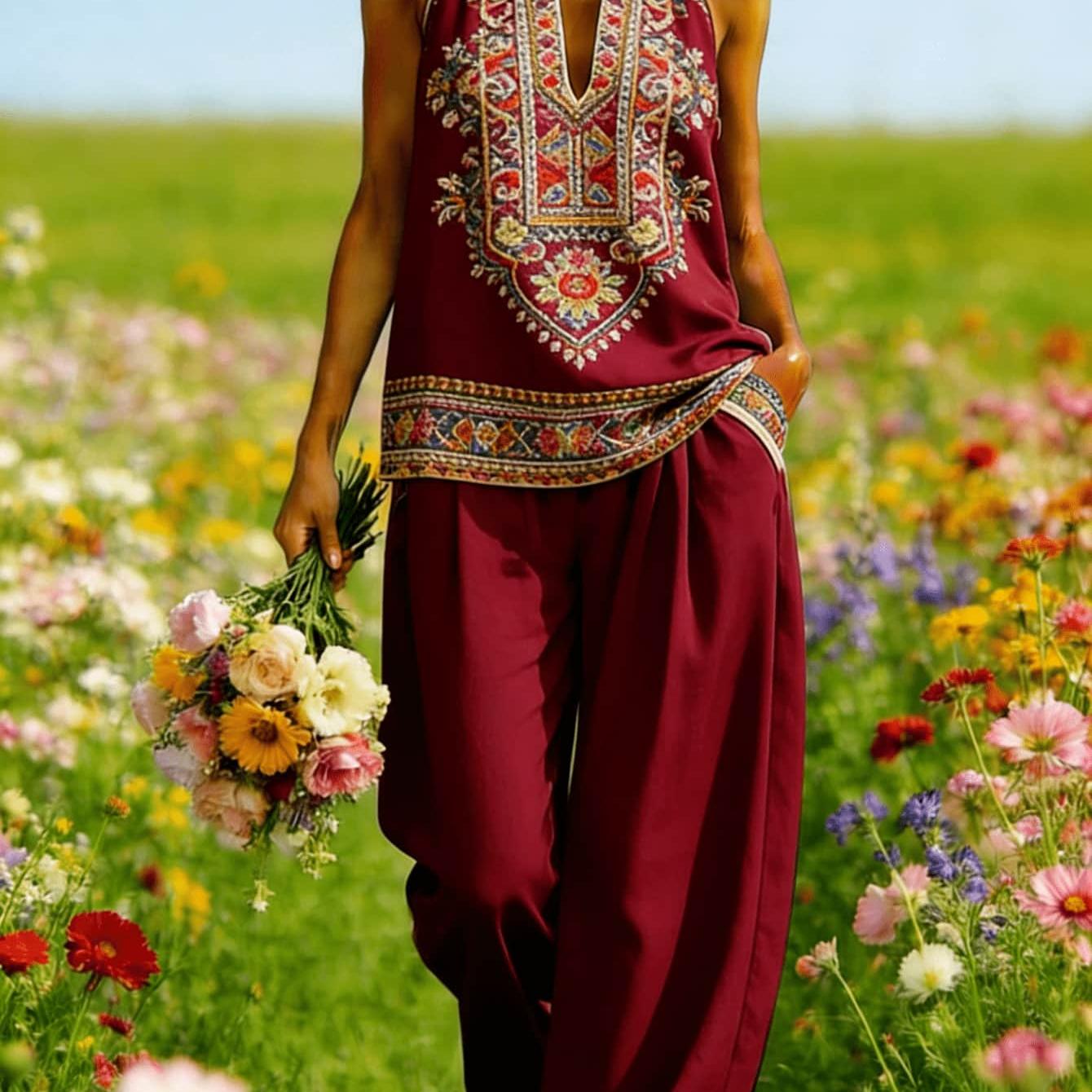 Image of Plus Size - Plus Size - Women's Vintage Burgundy Ethnic Floral Embroidered Halter Deep V Neck Cami Top Matching Wide Leg Harem Pants Bohemian Holiday Casual 2 Piece Outfit