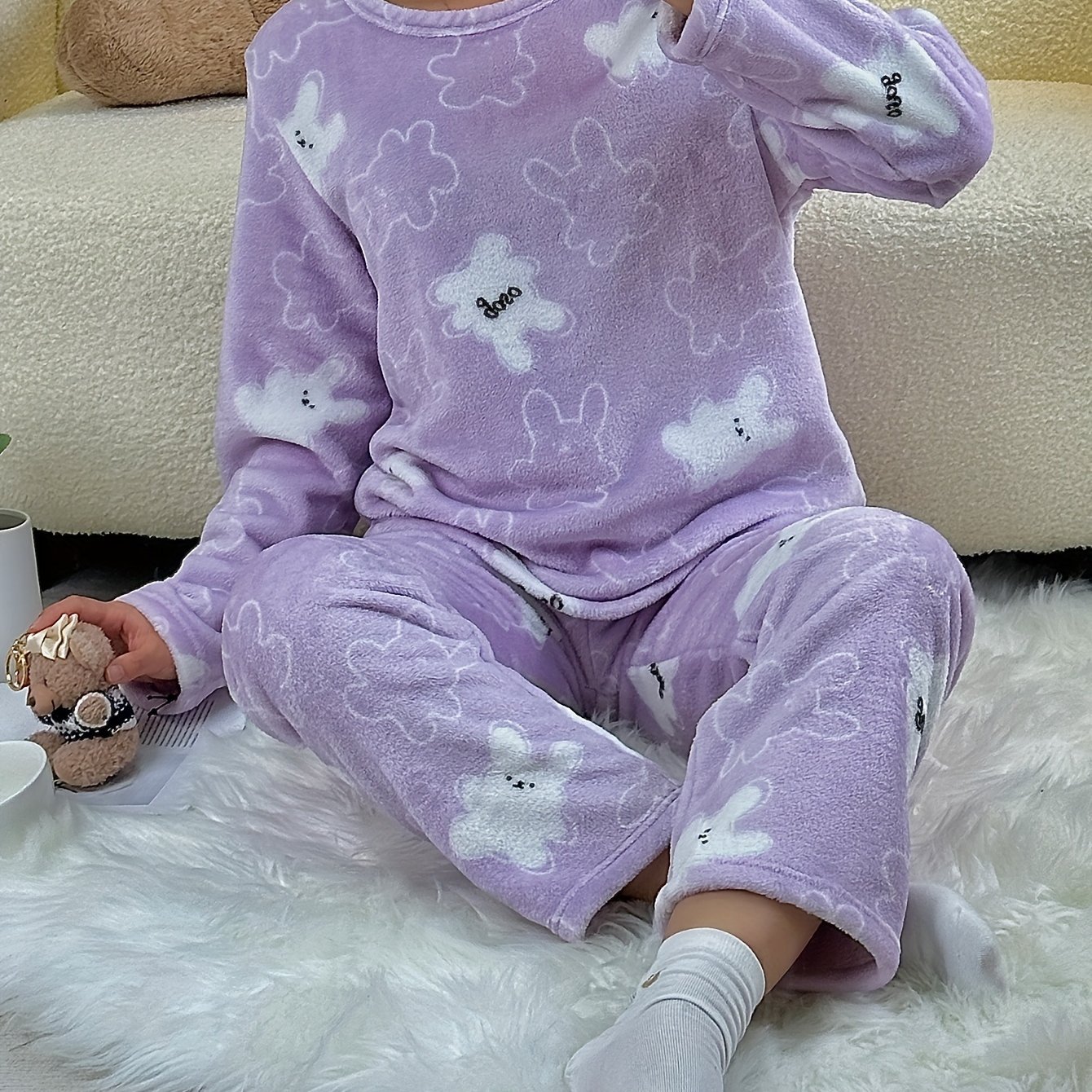 TEMU Women's Cute Cartoon Print Fleece Thick Pajama Set, Long Sleeve Round Neck Top & Pants, Comfortable Relaxed Fit For Fall & Winter