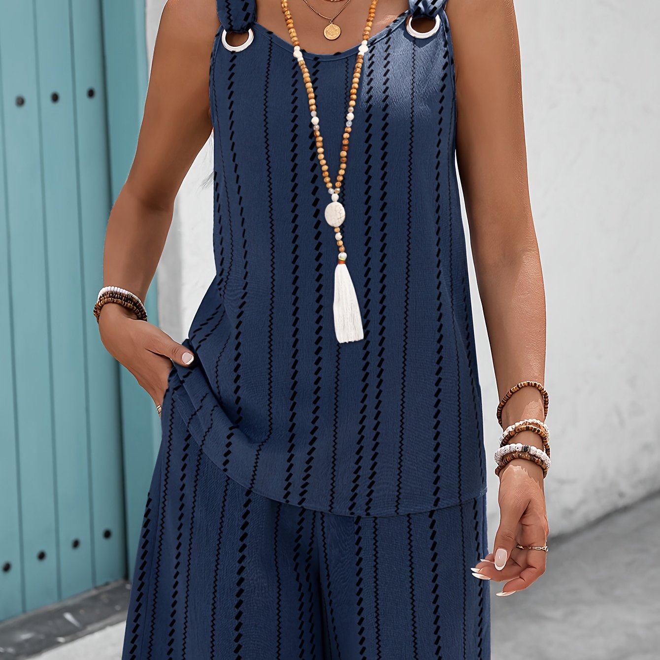 TEMU Western Spring Summer Autumn New Craft Fabric Random Print Random Trim Double-pocket Sleeveless Top And Shorts Elegant Casual Women's Set