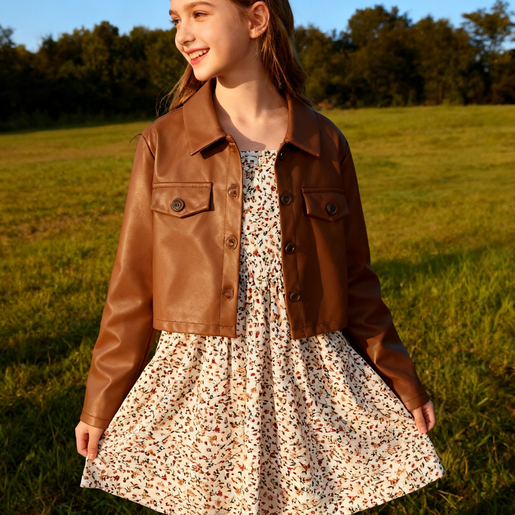 Image of Girls' Casual Long Sleeve Top And Print Floral Dress 2pcs Set. This Retro Style Outfit Is Suitable For Little Girls, Featuring A Brown Jacket And Print Floral Dress, Perfect For Fall And Winter