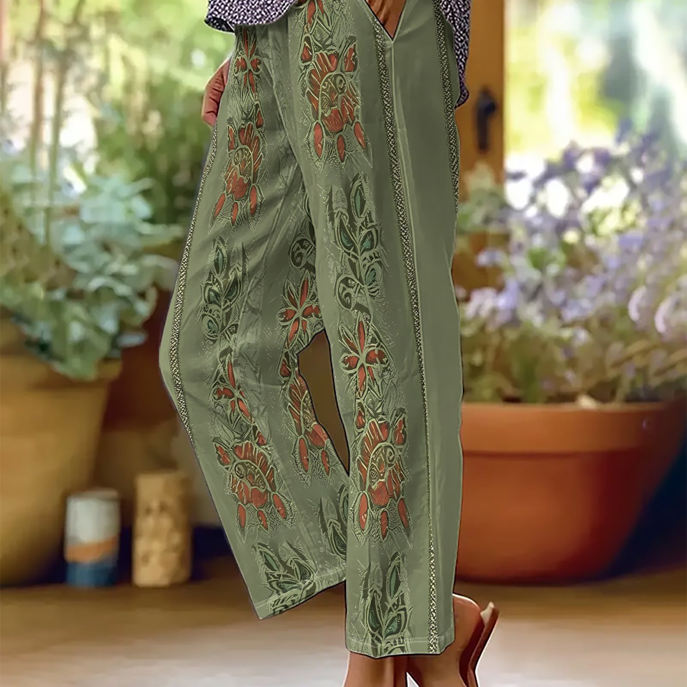 TEMU Women' Green Trousers With Red Floral And Green Branch Leaf Patterns, Interspersed With Textured Stripes, Exquisite Design - Casual Pants With