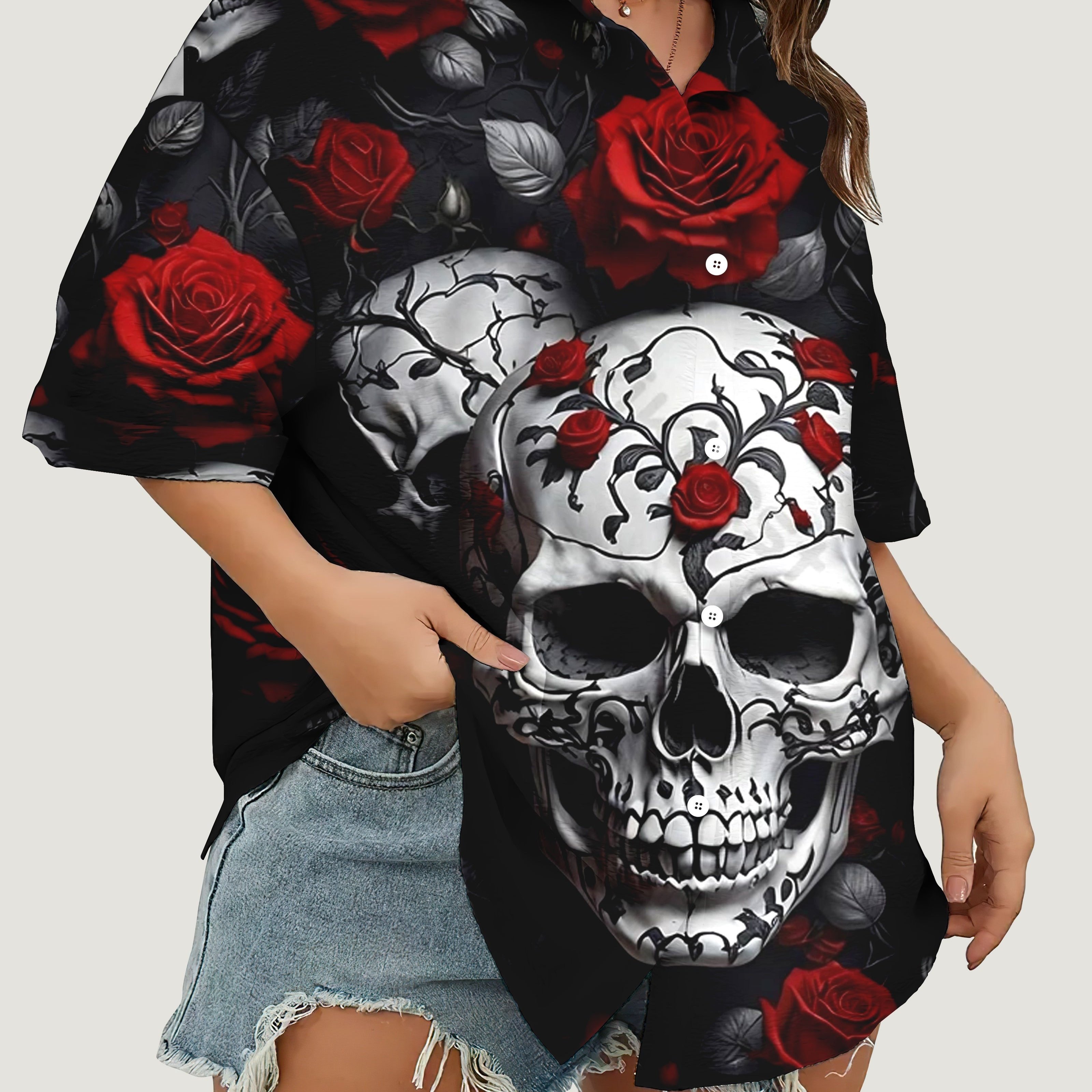 TEMU Plus Size, Plus Size Women's Oversized Horror Skull Print Short Sleeve Shirt, Comfortable Casual Top, Stylish Lapel Button Up Blouse