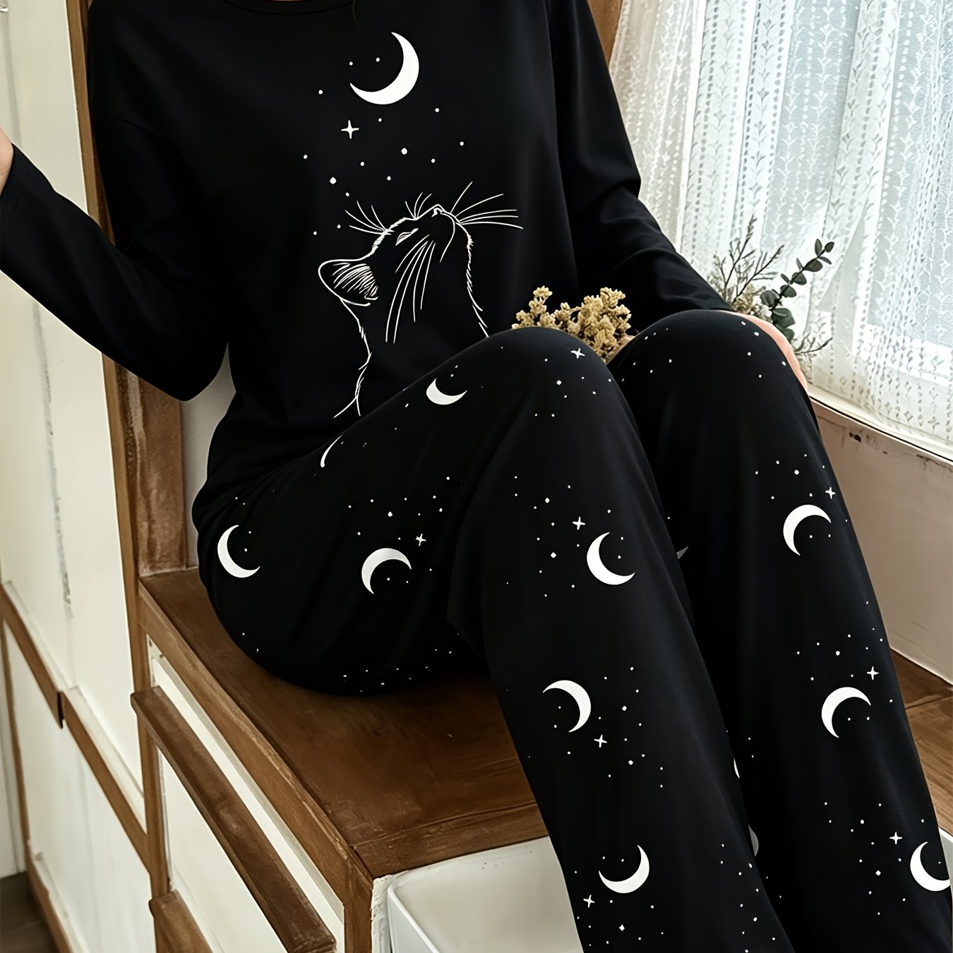 TEMU Pigiama da donna 2026 nuovo stile casual con stampa casuale , luna e in e , maglietta a maniche lunghe con stampa di luna e , pantaloni lunghi,