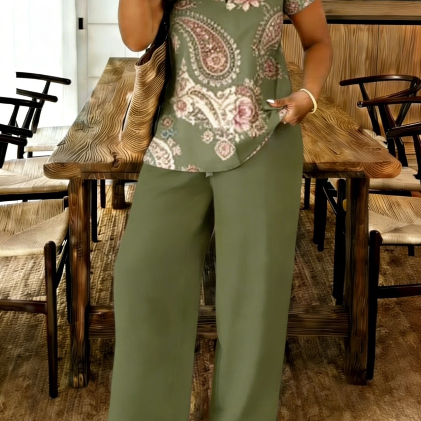 Image of Green Printed Women's Summer 2pcs Set, Bohemian Style Casual Outfit, Loose And Comfortable, And Fashionable