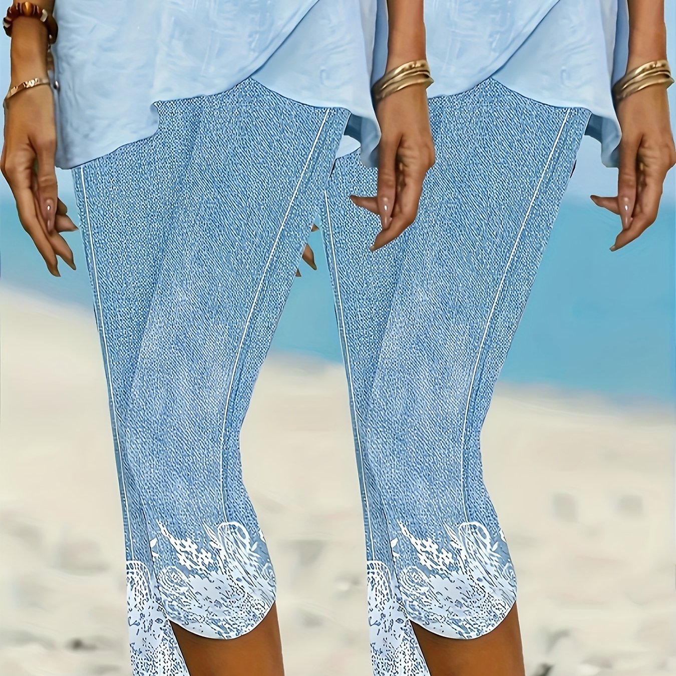 TEMU 2pcs Women's Elegant Floral Print Skinny-fit Capri Leggings - Polyester Machine-washable Pants For Casual & Formal Wear, Versatile Bottoms,
