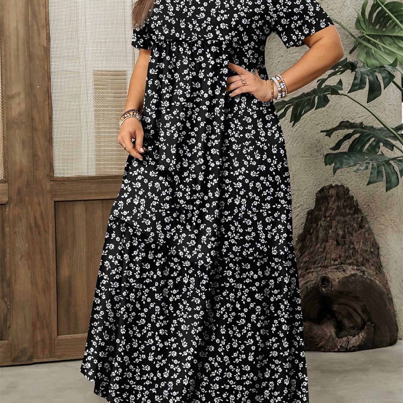 E-shop Plus Size, Damen Blumenkleid, Ländlich Casual Einfaches All- Kurzarm Lockeres Langkleid, Geschenk für Mama, Sommerurlaub, Damen Urlaubskleidung,