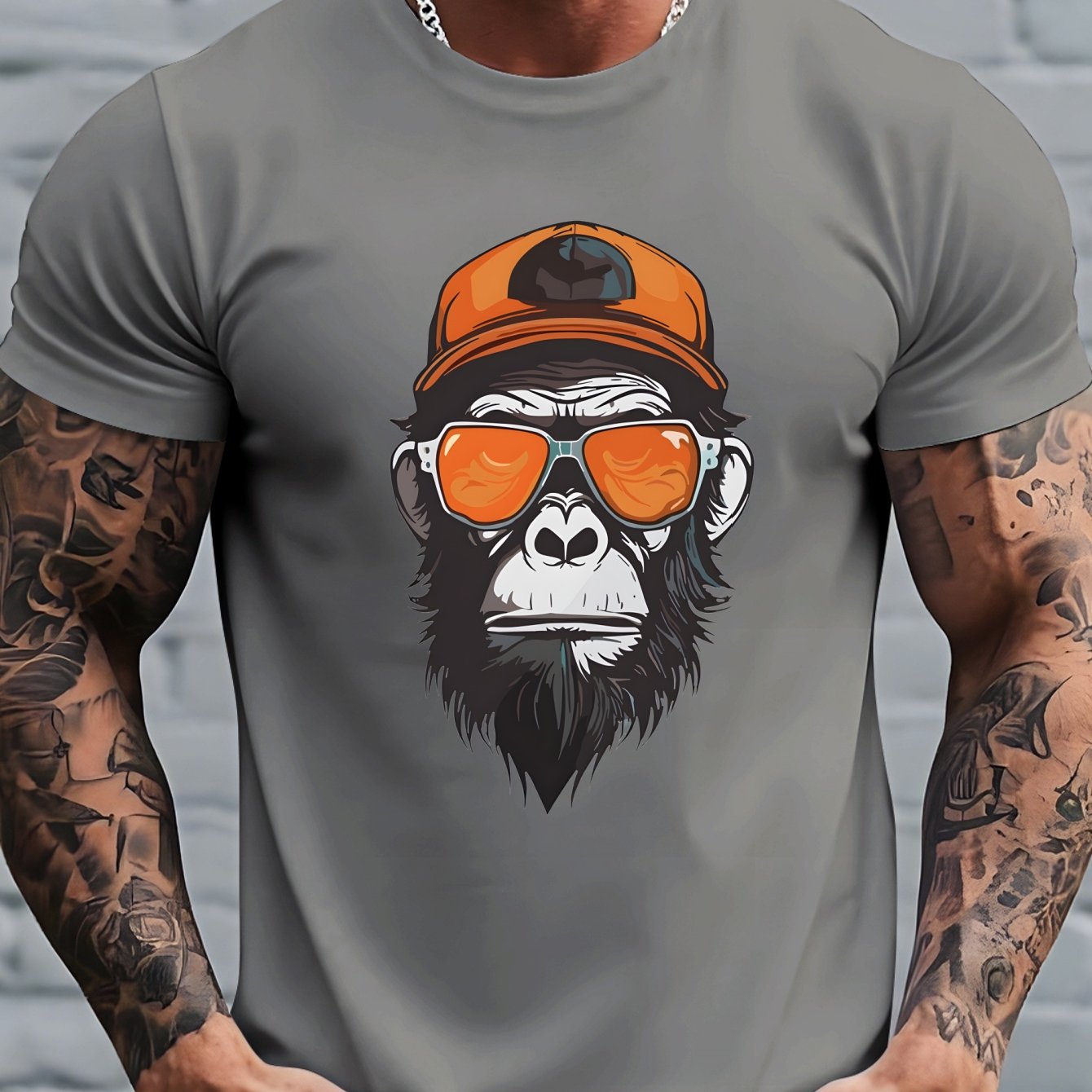 TEMU Men's T-shirt - Monkey-themed Short Sleeve Round Neck Casual Top, Breathable Summer Shirt Suitable For Outdoor & Casual Attire, Machine Washable