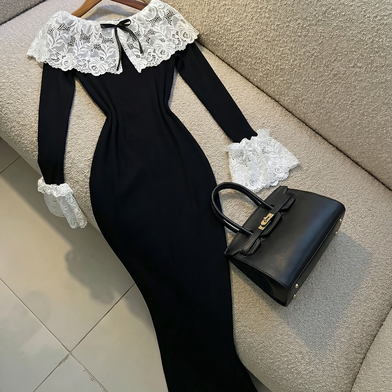 E-shop Ganzjahreskleid für Damen, elegantes Party-Essential für Dates, schmal geschnittenes, figurbetontes Kleid mit Träglosem Schnitt Spitzenbesatz,