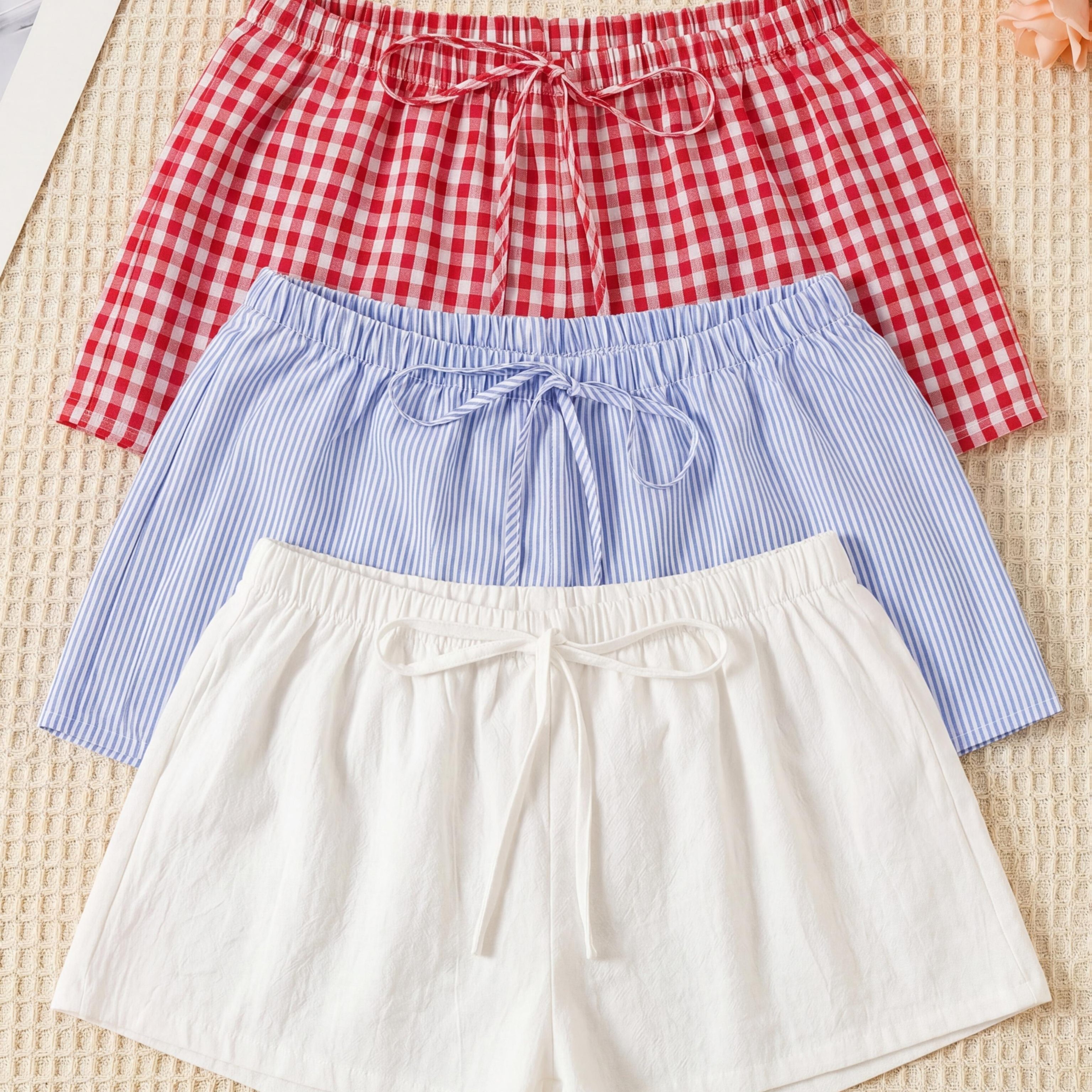 TEMU Shorts pour femmes, ensemble décontracté à carreaux imprimés, confortable, 3 pièces, et l'extérieur, détail de nœud pour et l'été