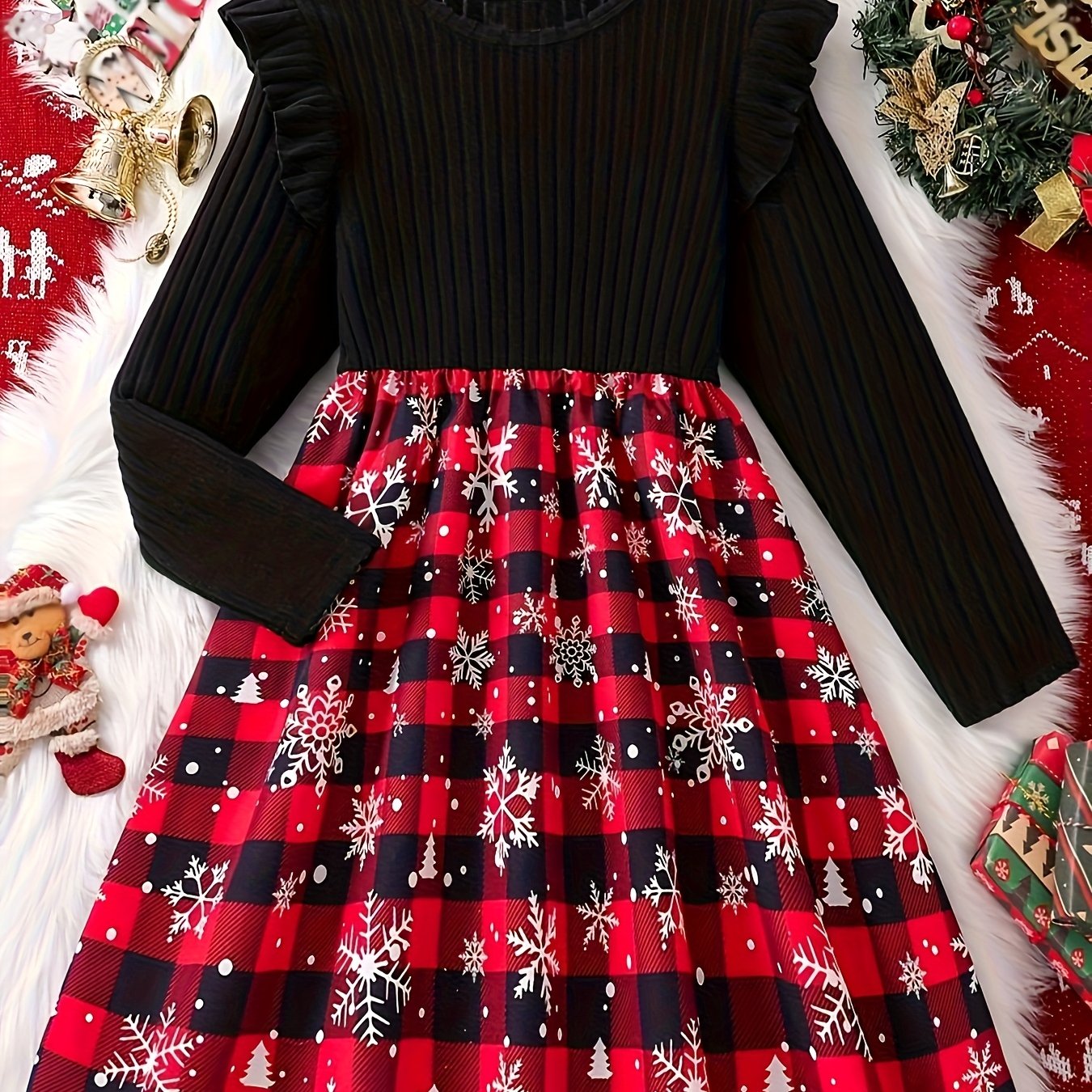 Image of A Knee-length Dress For Girls Featuring A Casual Plaid Print With Ribbed Knit, Round Neck, And Sleeves, Perfect For Christmas