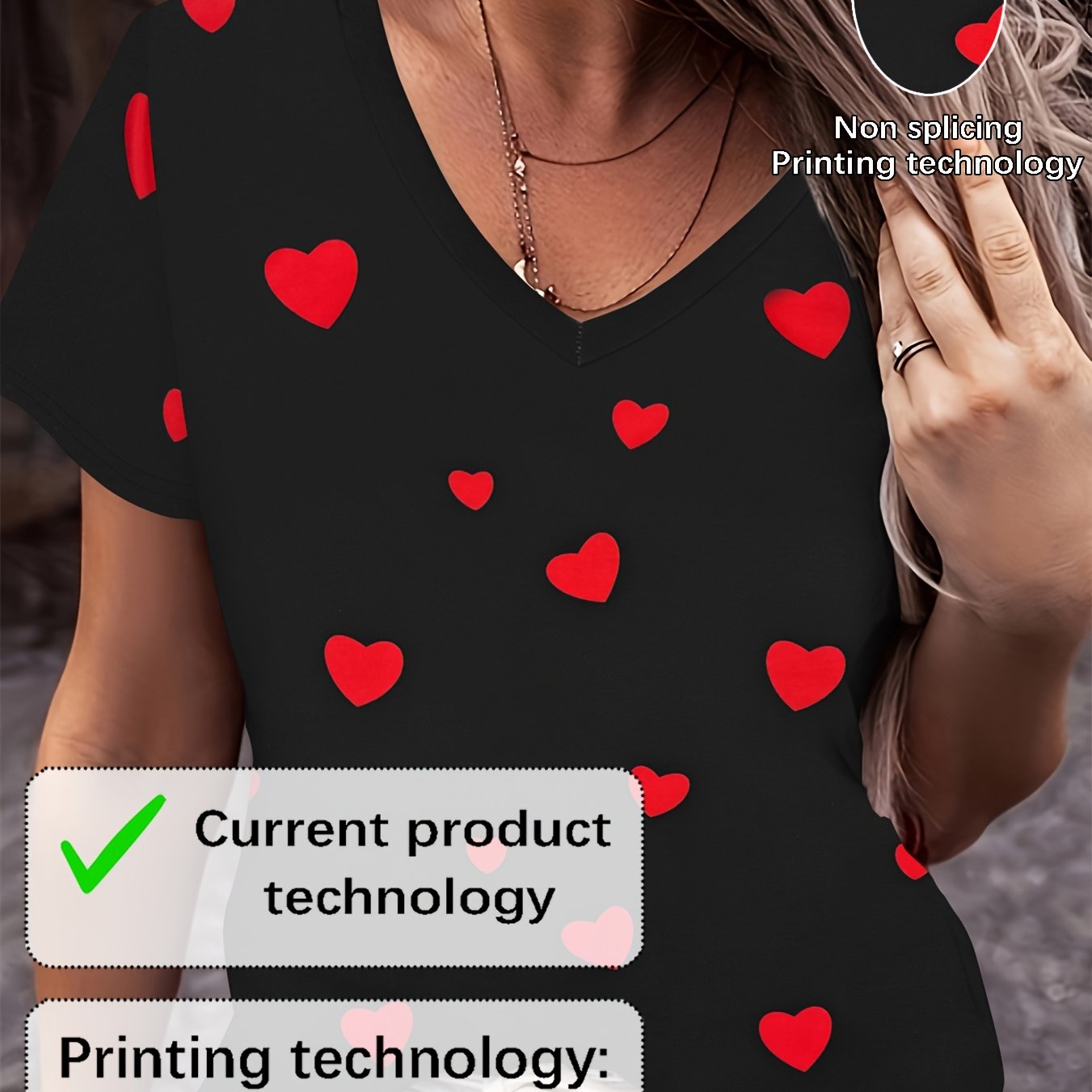 2d Print Fashion Elegant Vacation Sweet Romantic Red Heart Graphic Breathable V-neck Short Sleeve Valentine's Day T-shirt Casual Shirt New Women's Romantic Short Sleeve Gift Top