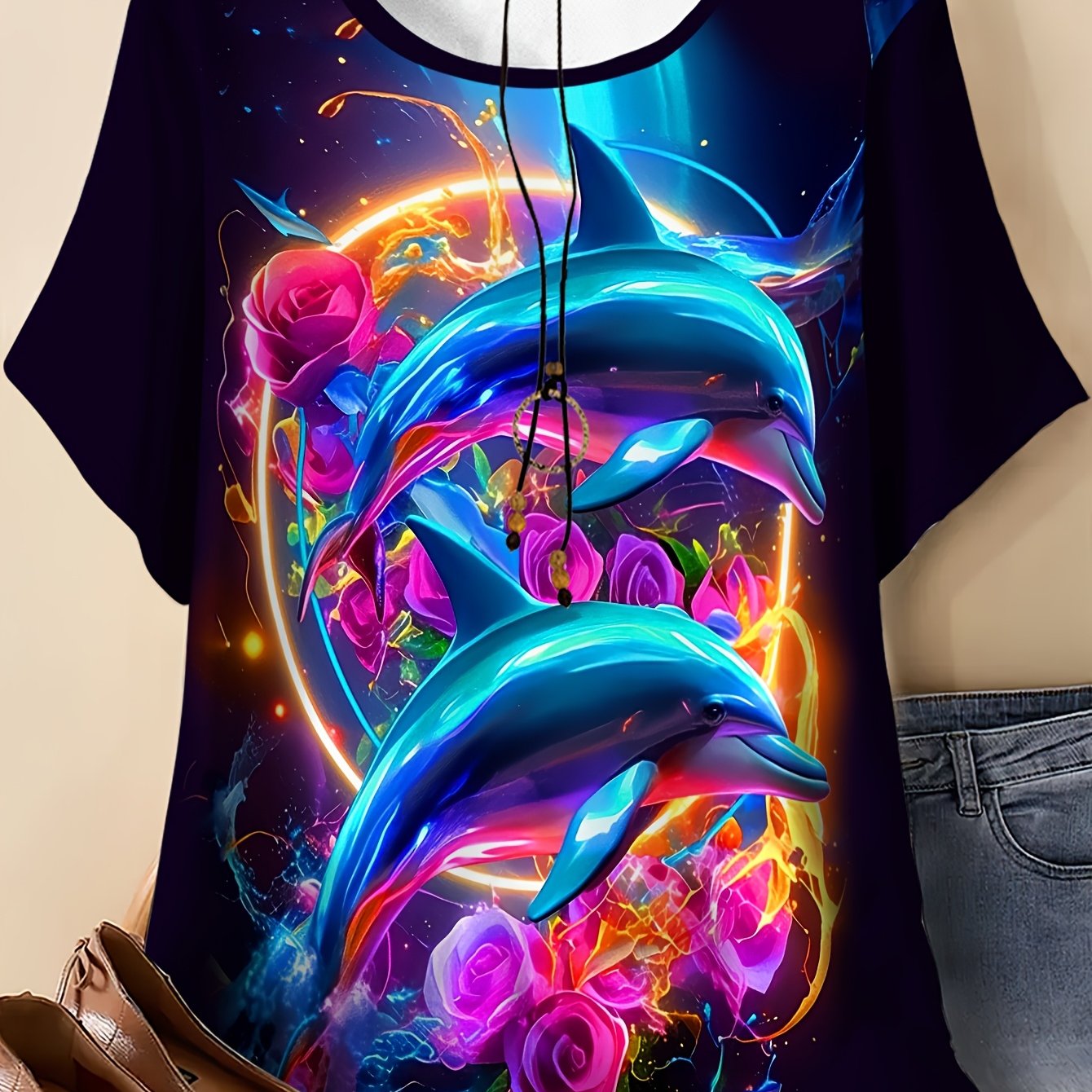 TEMU Plus Size, Plus Size Women's T-shirt With Graphic Print, Round Neck Short Sleeve Summer Top, Purple With Neon Dolphin And Rose Print, Top For
