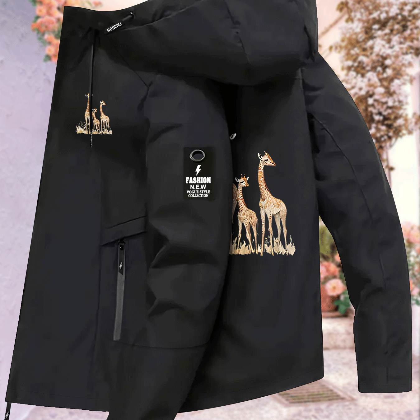 TEMU Watercolor Giraffe Lightweight Windbreaker Jacket For Women, Forest-style Animal Print Loose Fit Outerwear