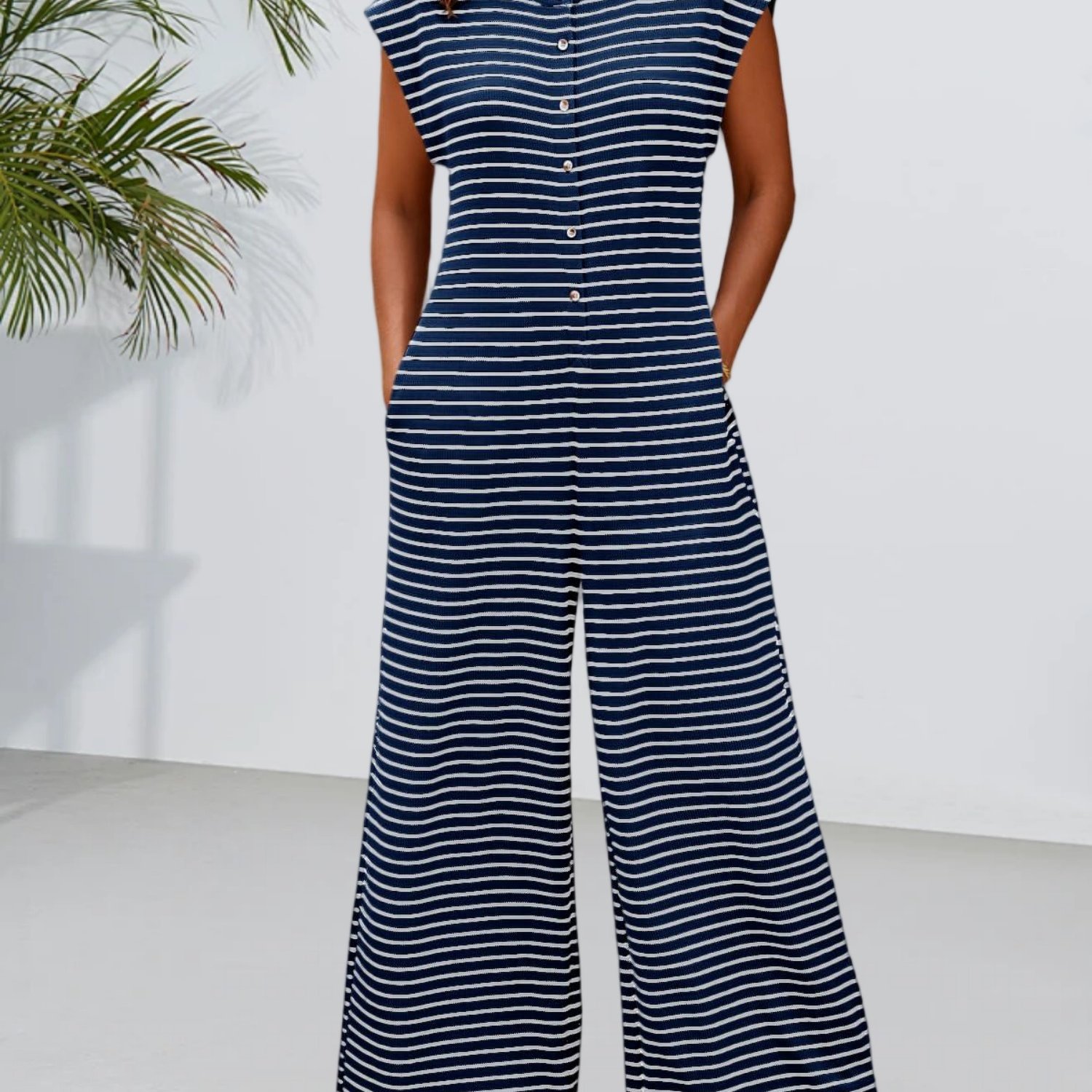 Womens Casual Striped Jumpsuits Wide Leg Cap Sleeve Summer Jumper Crew Neck Button Waffle Outfits