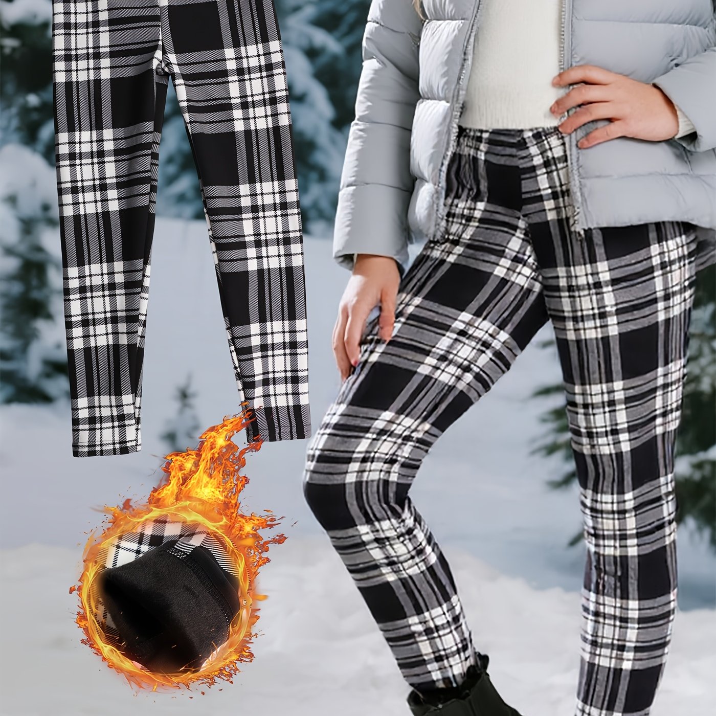 Image of Autumn/winter -lined Black And White Print Stretch Ankle Pants For Middle And Older Toddlers, Winter Thermal Leggings