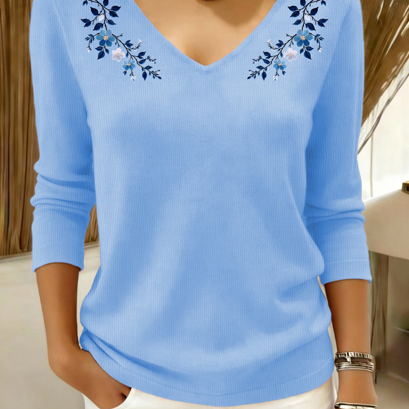 TEMU Pull Décontracté Femme - Pull à Manches Longues et Col en V Ample, Haut Confortable Légèrement Extensible, Design Texturé, Tissu Durable, Tricot