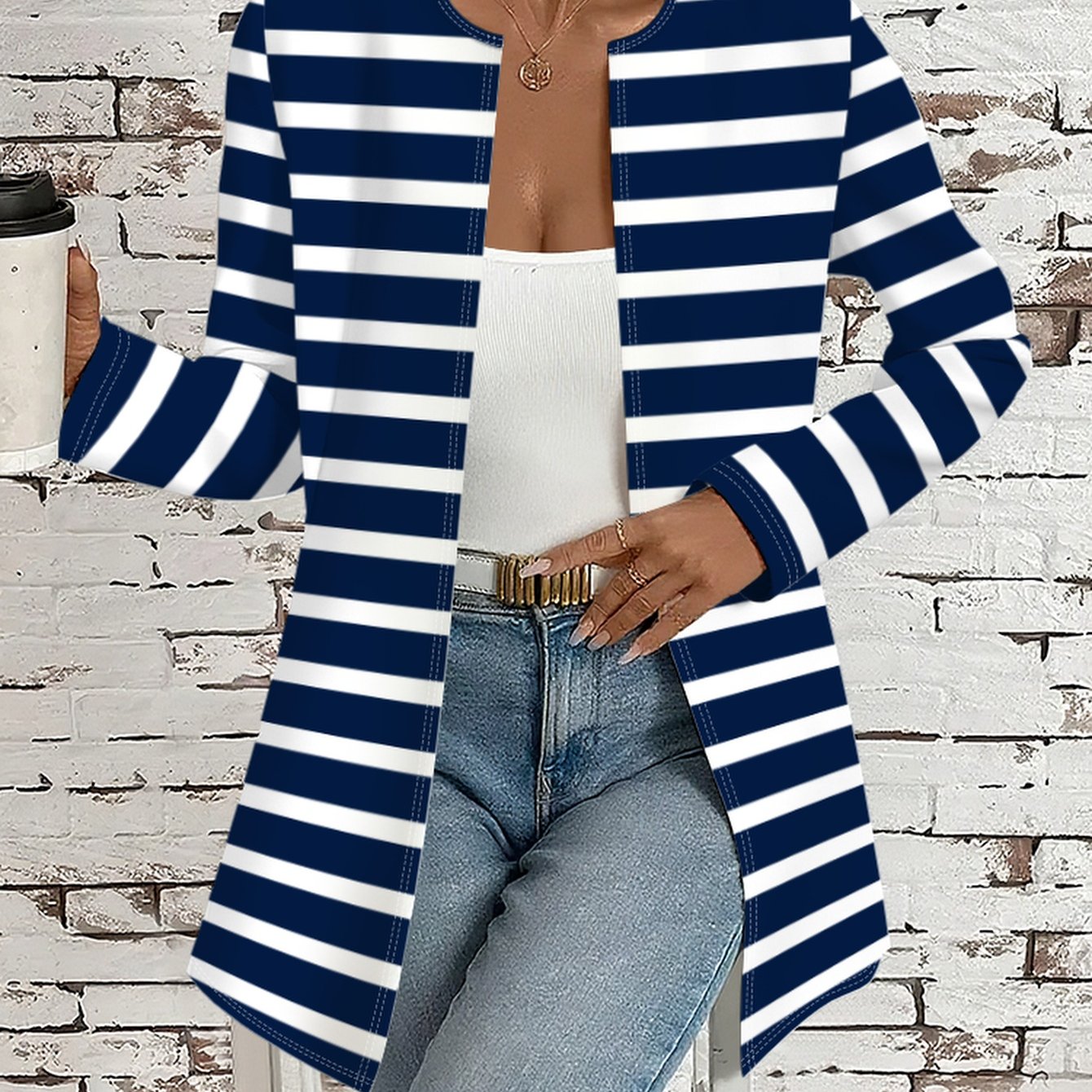 TEMU White Striped Pattern High-quality Women's Clothing Women's Printed Long Sleeve Cardigan - Comfortable Printed Jacket, Suitable For Office,