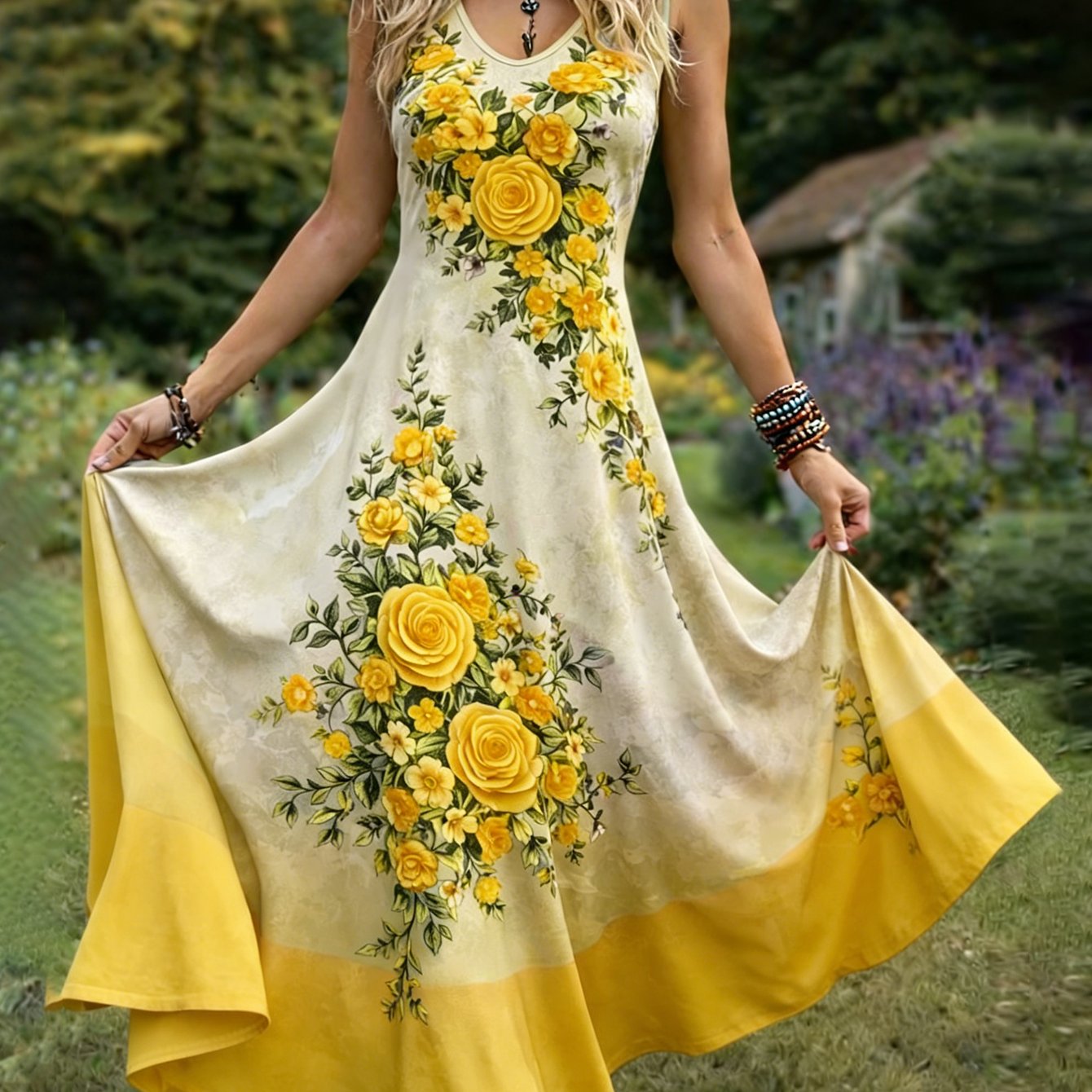 Women's Vintage Style Sleeveless Dress With , V-neck A-line Maxi Skirt, Easy To Wash, Perfect For Daily Use And Holidays