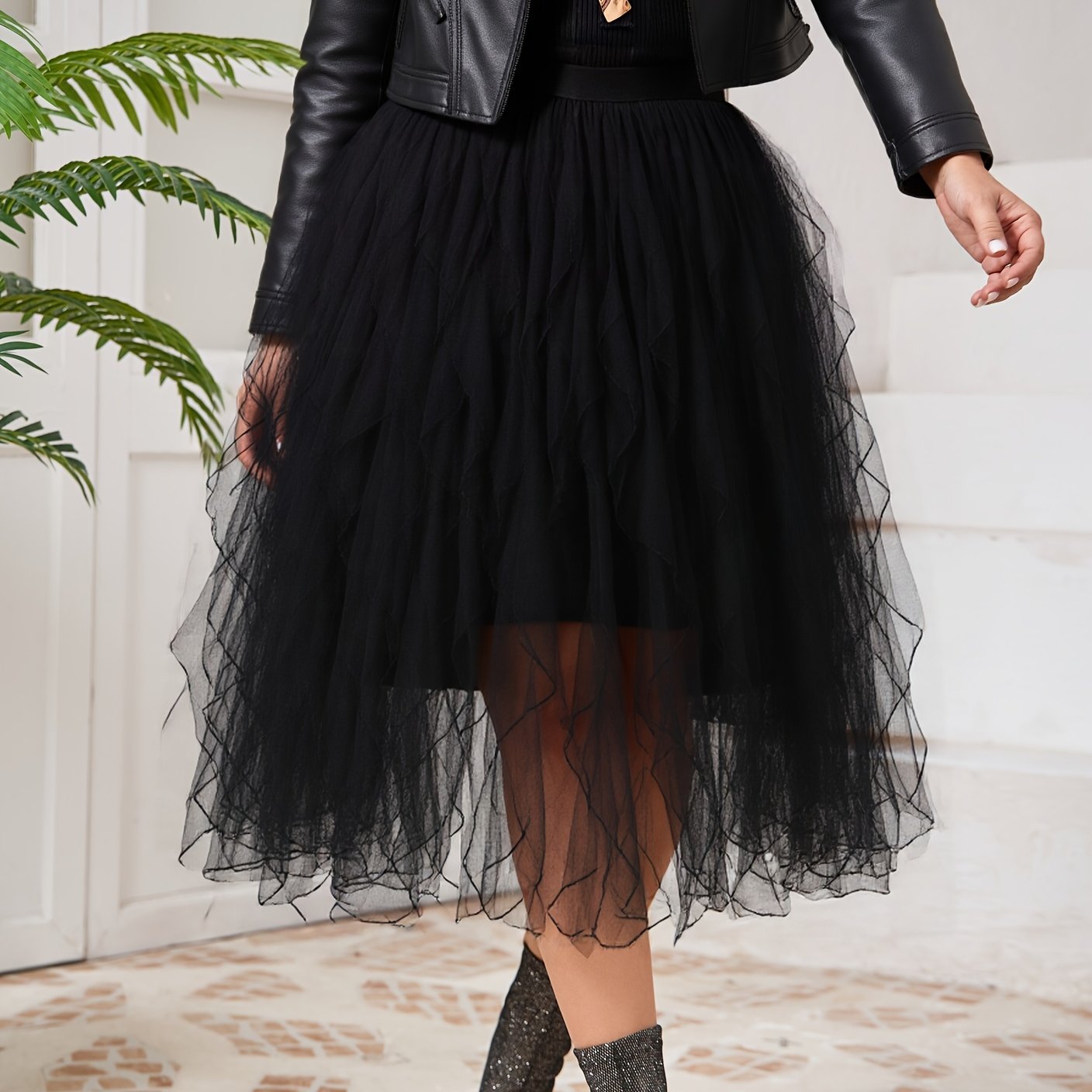 Image of Plus Size, Black- Hem Black Mesh Layered -size Half Skirt For Plus-size Women