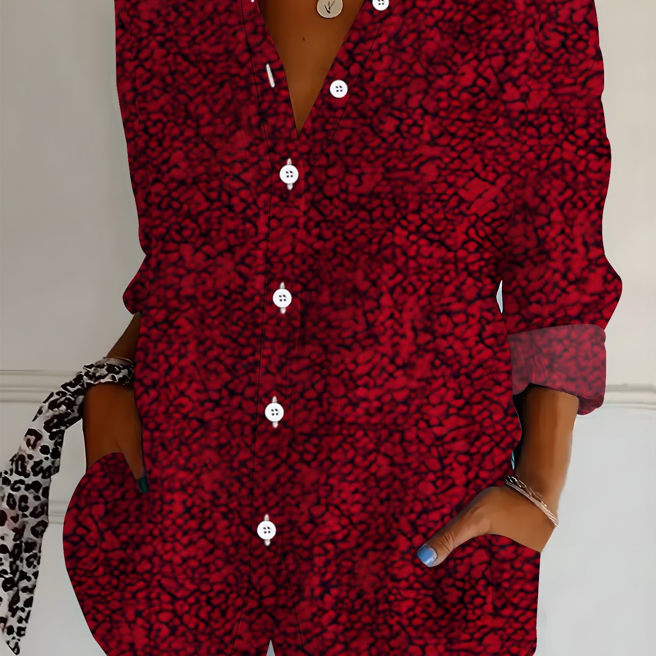 TEMU Plus Size, Plus Size Women's Long Sleeve Shirt, Vintage Style Printed Shirt, Distressed Texture Mid-length Women's Shirt, Burgundy Shirt, Soft,
