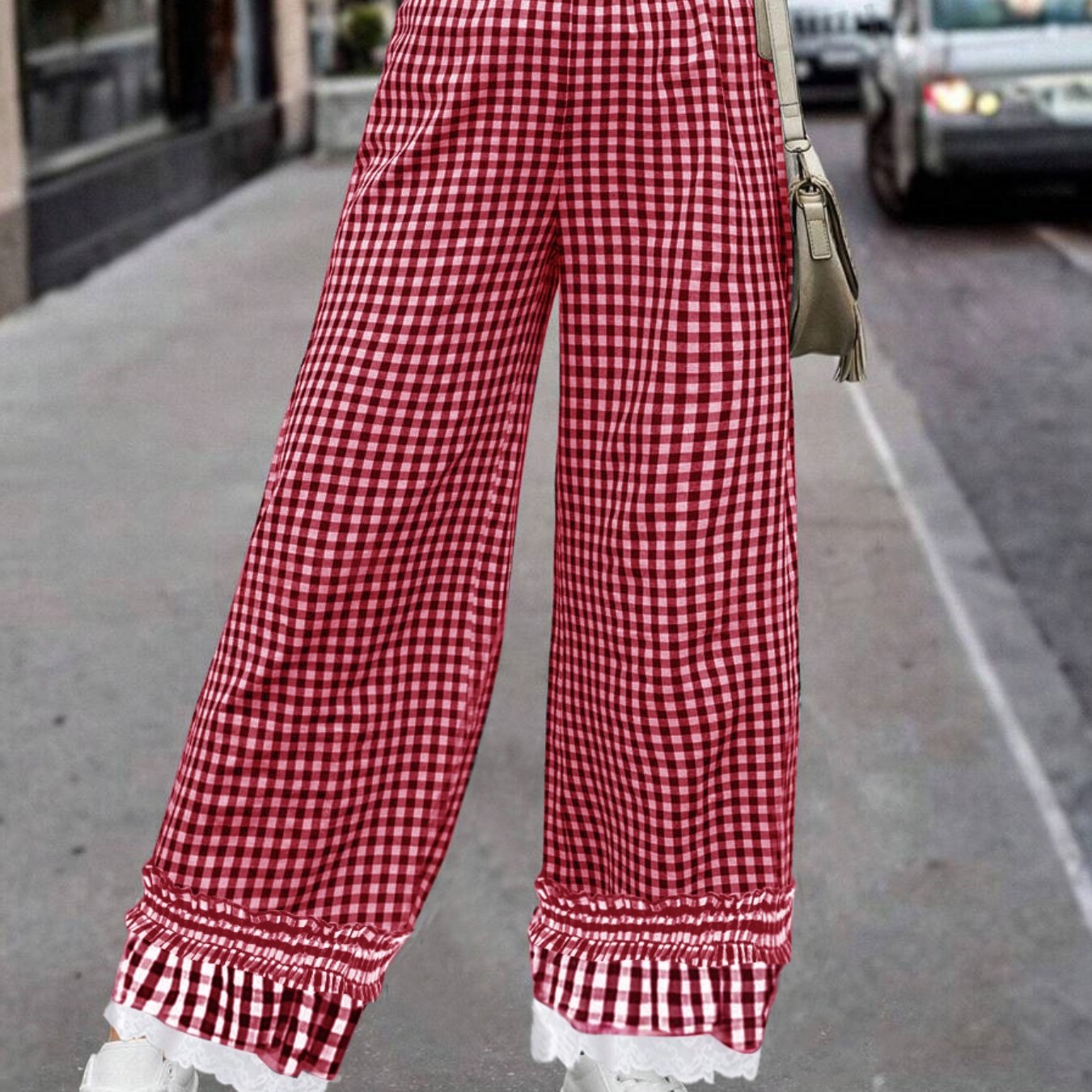 lightweight feel] women's chic gingham check pants red white