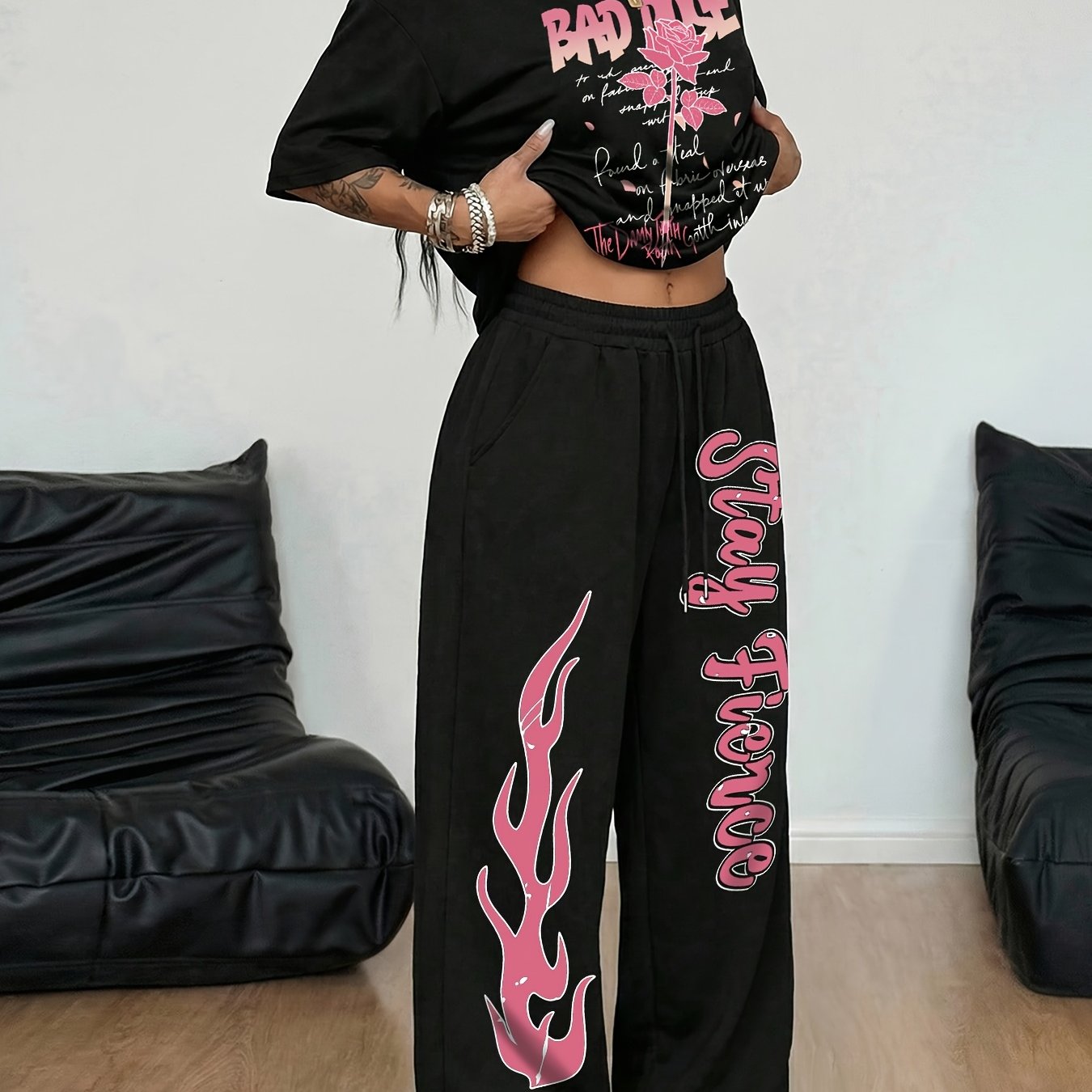 TEMU Amerikaanse Street Subcultuur Rozenprint Dames Ronde Hals Korte Mouw en Losse Broek met Trekkoord 2-delige Set, Dames Bad Outfit, Geschikt voor