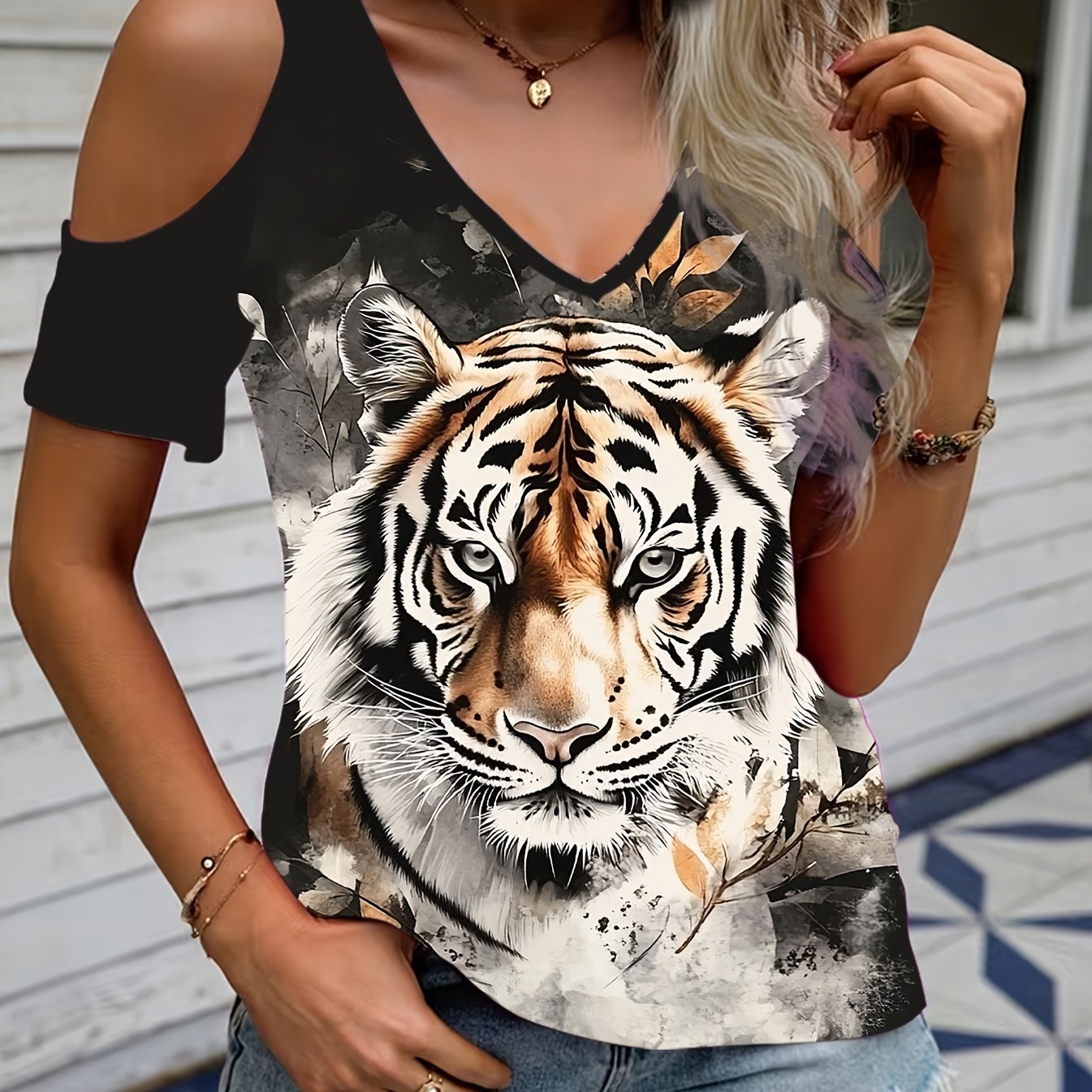 TEMU Women's Off-shoulder V-neck T-shirt With Tiger Print Short Sleeve Top, Trendy , Stretch Fabric, Machine Washable