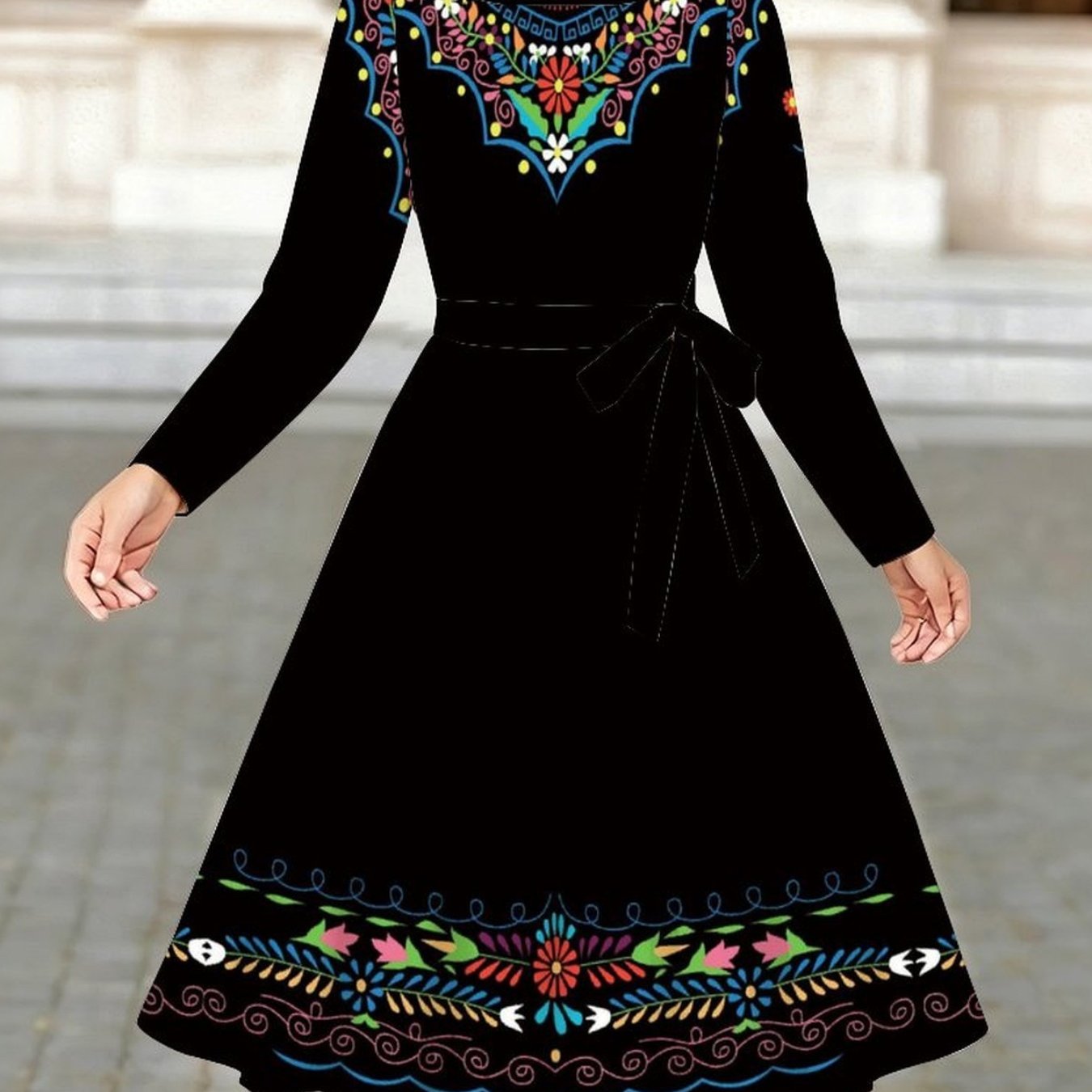Image of Elegant And Stylish Long Sleeve Dress For Women. Neck With A Waist Belt Feminine Charm. Featuring Multi Element Printed Patterns, An Ideal Outfit For Daily Life, Travels And Evening Dates