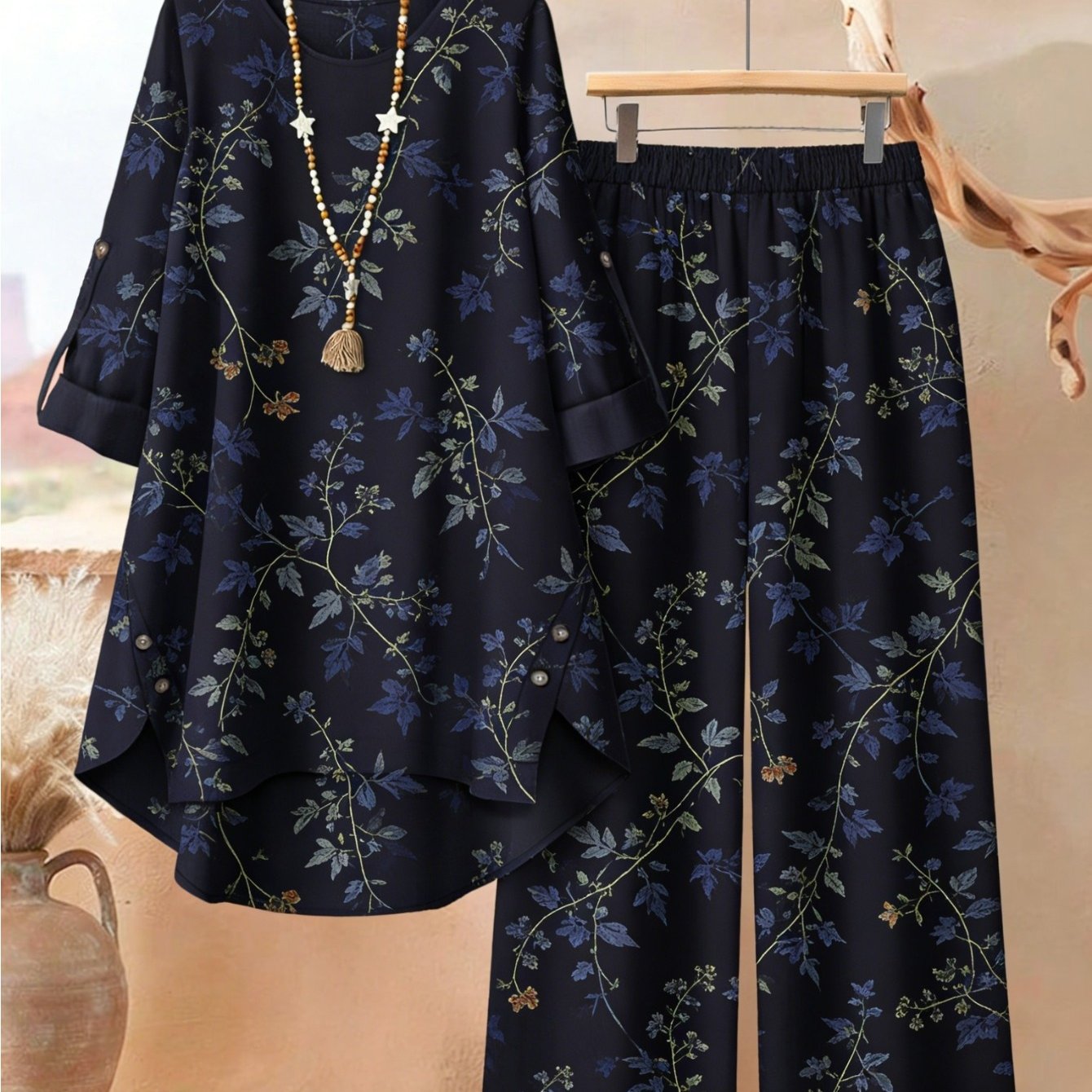 Image of Plus Size - [2d Flat Pattern] Large Lady (xl-8xl) 2pcs Retro Printed Casual Long-sleeved Round-neck Top And Casual Pants Spring/summer/autumn Style Home Casual Wear Slightly Elastic