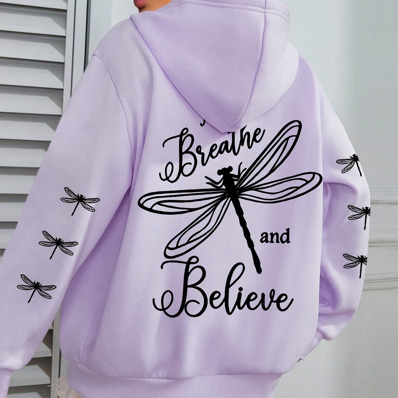 TEMU Plus Size, Plus Size Believe Print Hoodie, Casual Long Sleeve With Pocket Hooded Sweatshirt For Winter & Fall, Designed For Women, Women's Plus