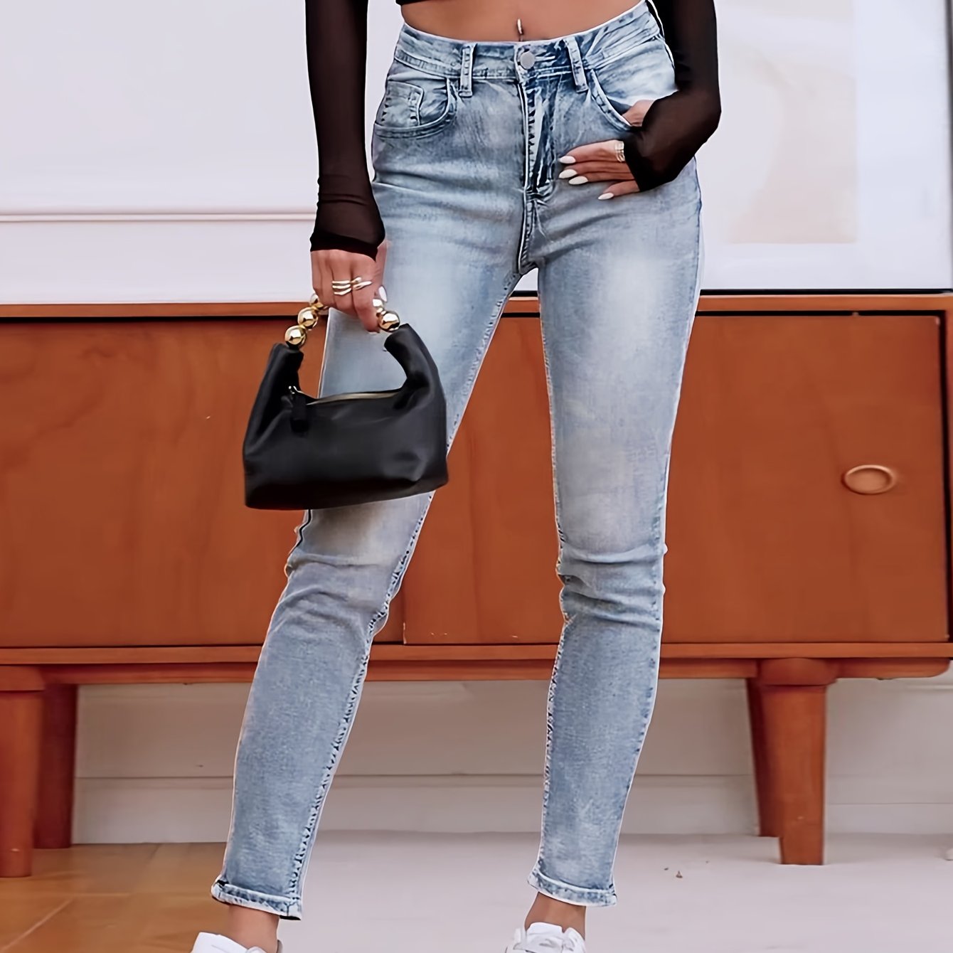 Image of Jeans Women's Mid- Washed Stretch Jeans, -lifting Back Pocket Lace Embroidery Skinny Pants, Casual All-match