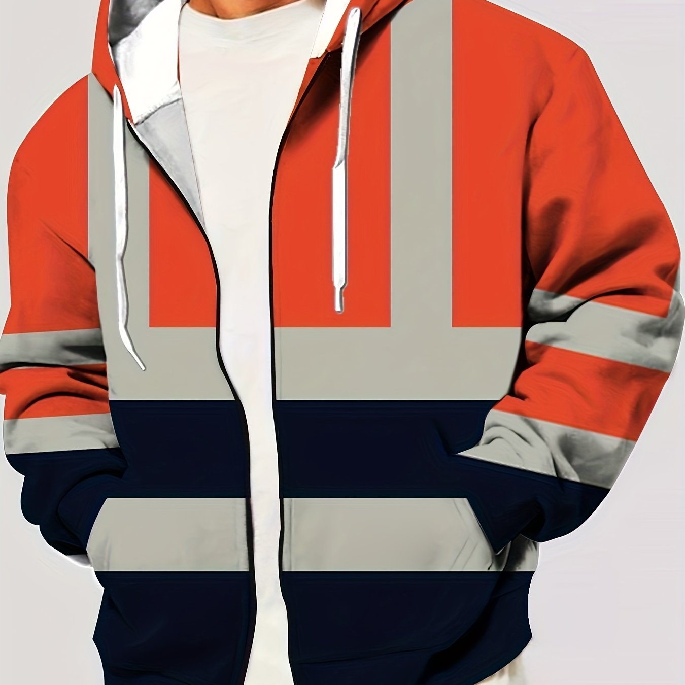 E-shop Herren 3D Orangefarbener Hoodie für die Arbeit mit Printdesign und Reißverschluss, mit Kängurutasche, für Streetwear im Frühling und Herbst,