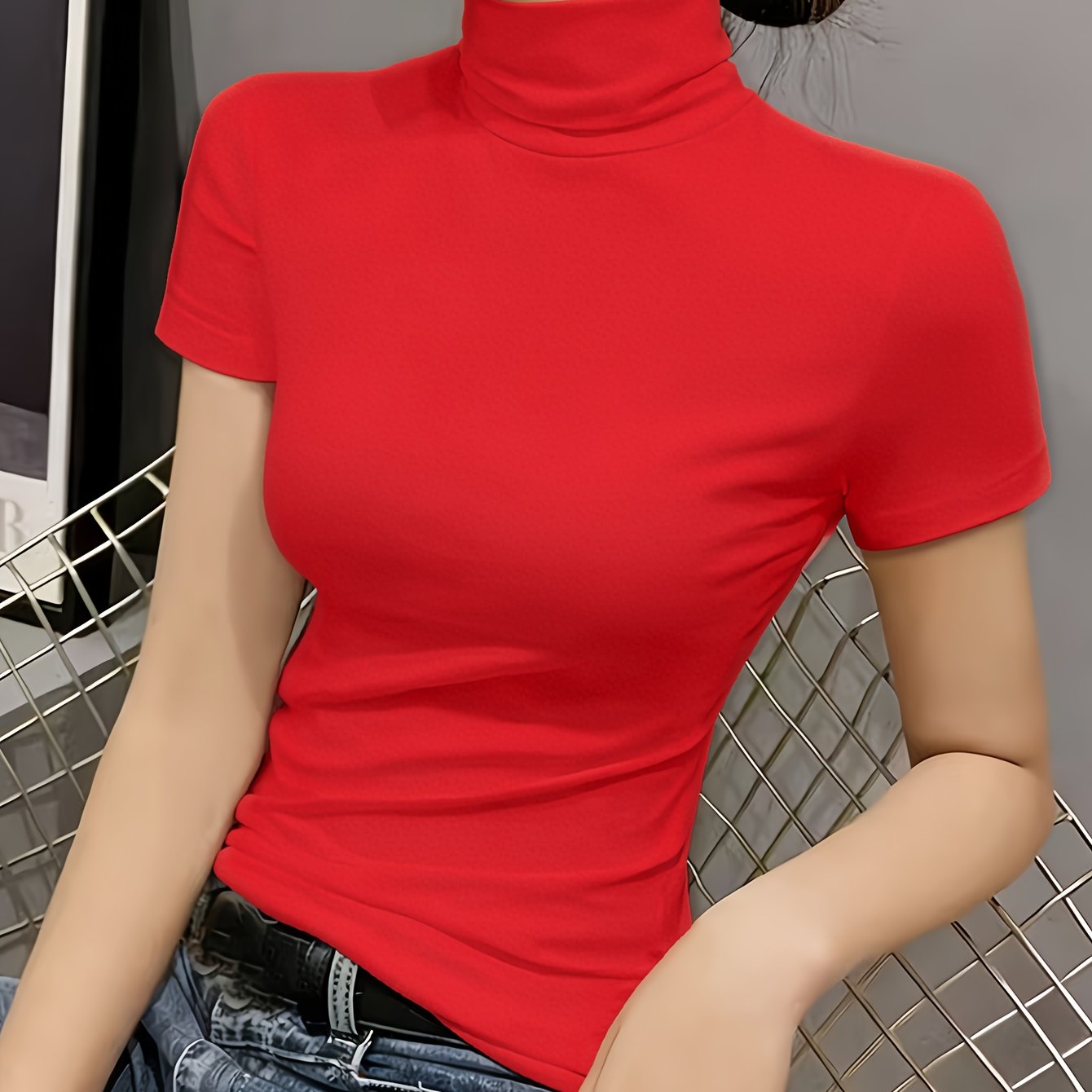 TEMU Solid Color High Neck Short Sleeve, Women's T-shirt, Slim Fit Temperament, Fashionable And Elegant, Comfortable Soft Breathable, High Elastic
