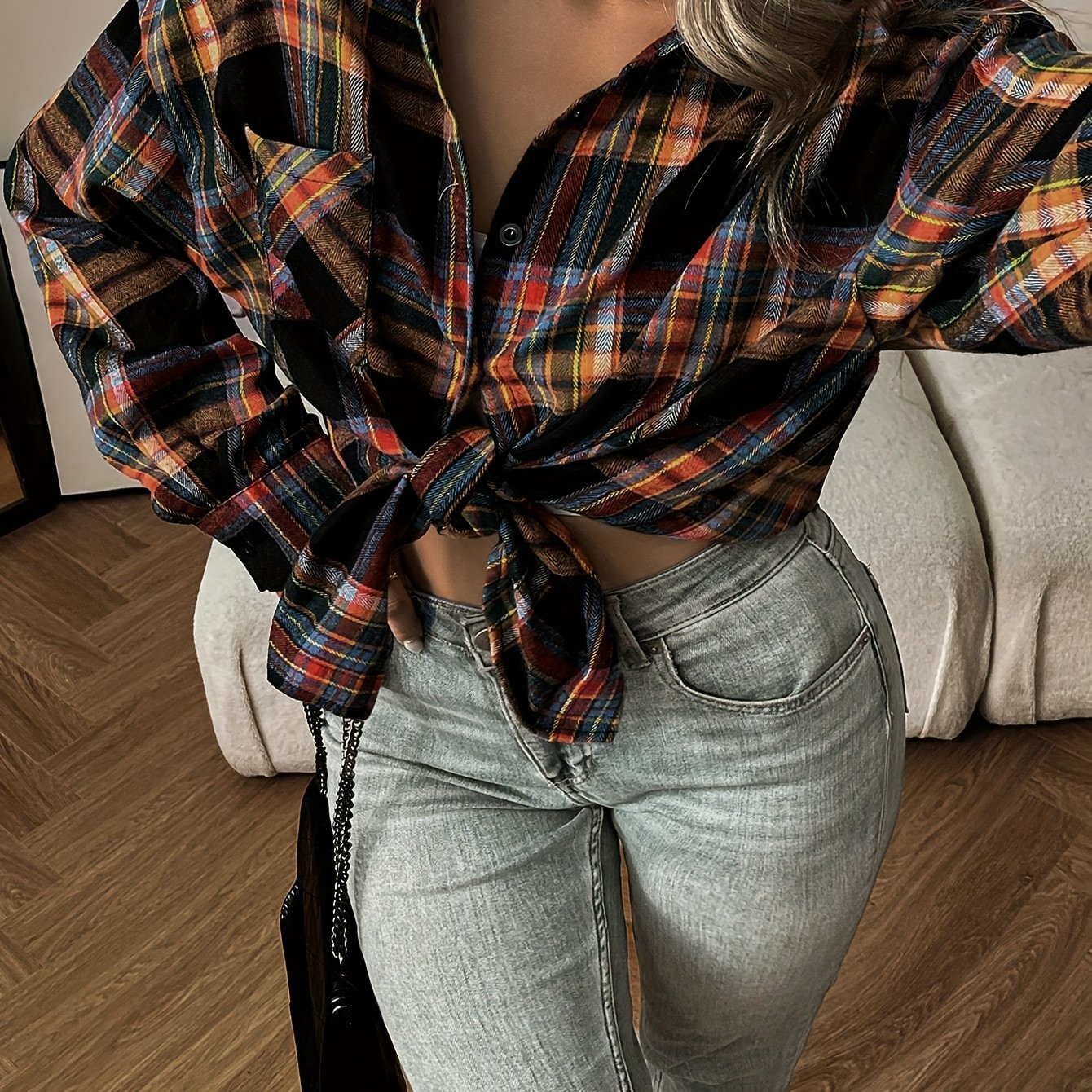 TEMU Plus Size - Plus Size - Women's Size Casual Loose Checkered Print Pocket Shirt, Fall Winter