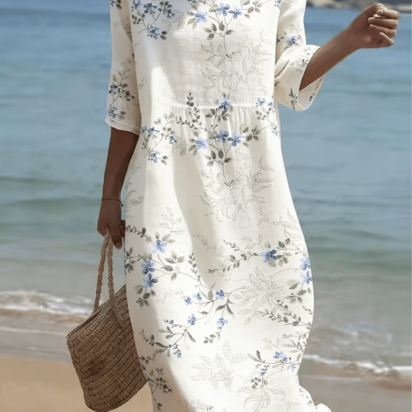 Image of Women's Botanical Print Dress, Delicate Floral Vine Pattern 3/4 Sleeve Crew Neck Loose Midi Dress, Polyester Fiber Fabric Sundress