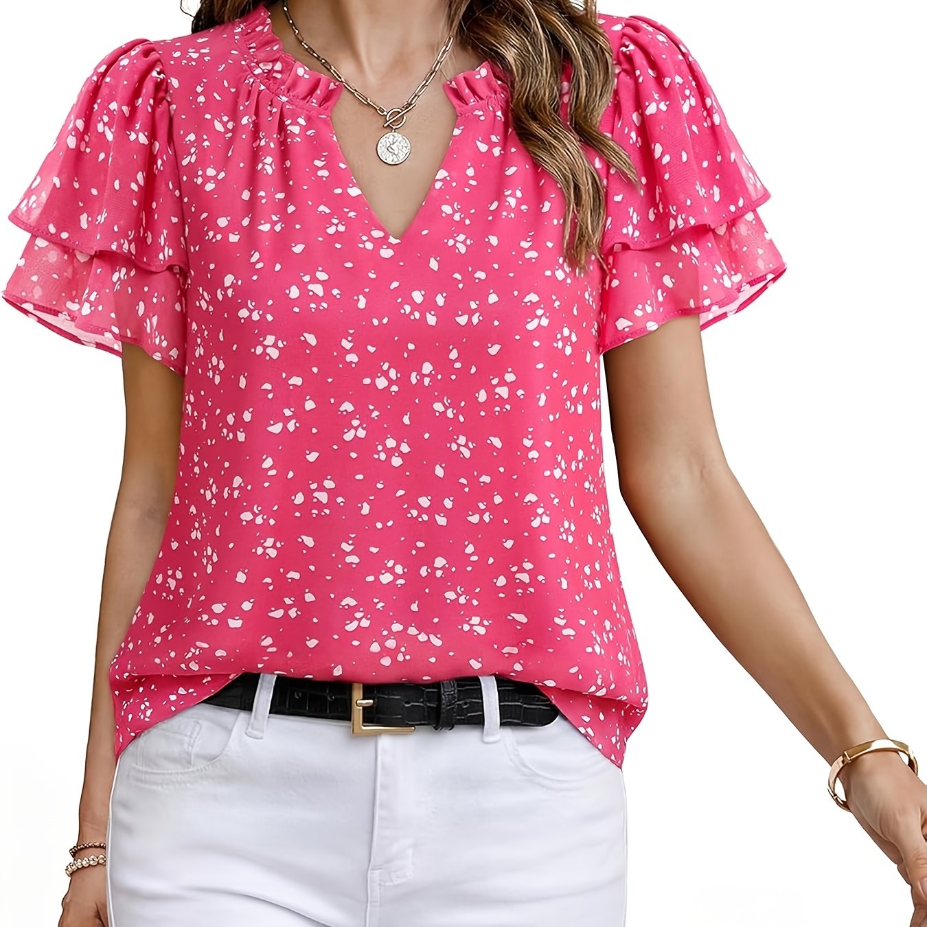 TEMU Elegant Special Women's Floral Print V-neck Double-layer Ruffle Short-sleeve Shirt, Spring/summer Top, Suitable For Daily Commuting, Light