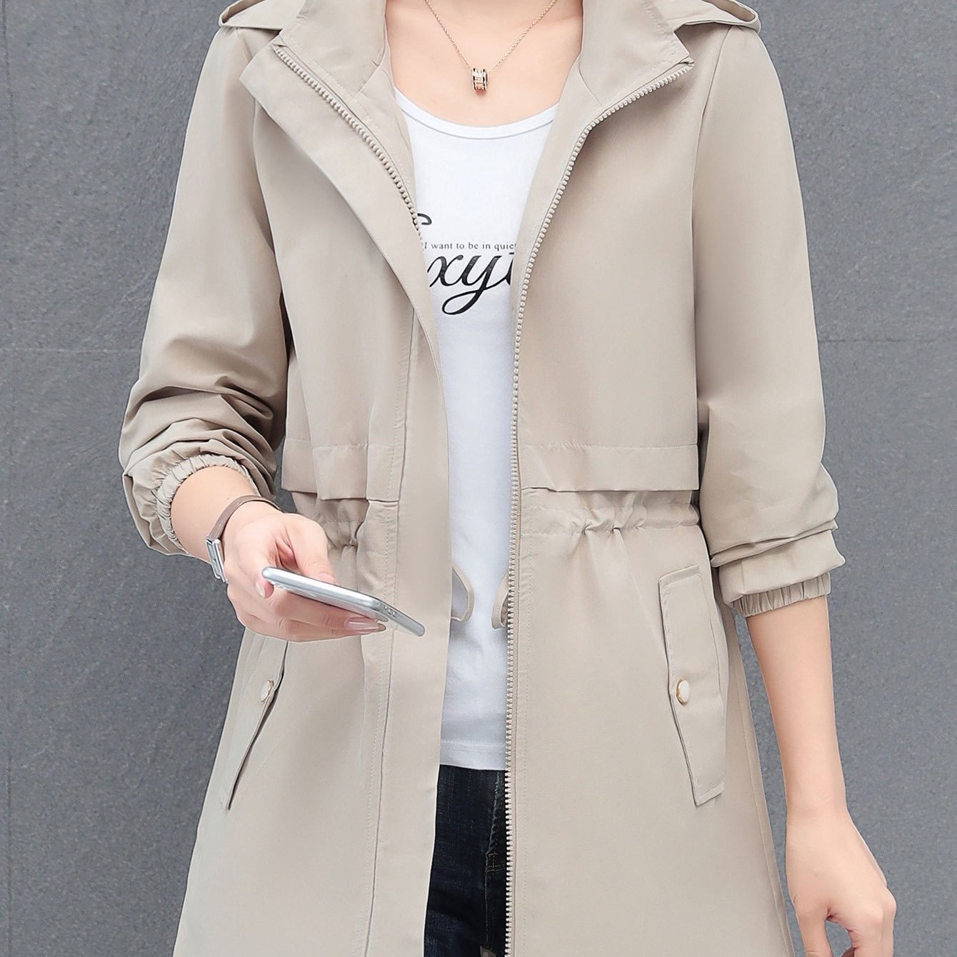 TEMU Women's Casual Windbreaker Jacket, Fashionable Loose Fit For Spring, Autumn, And Winter