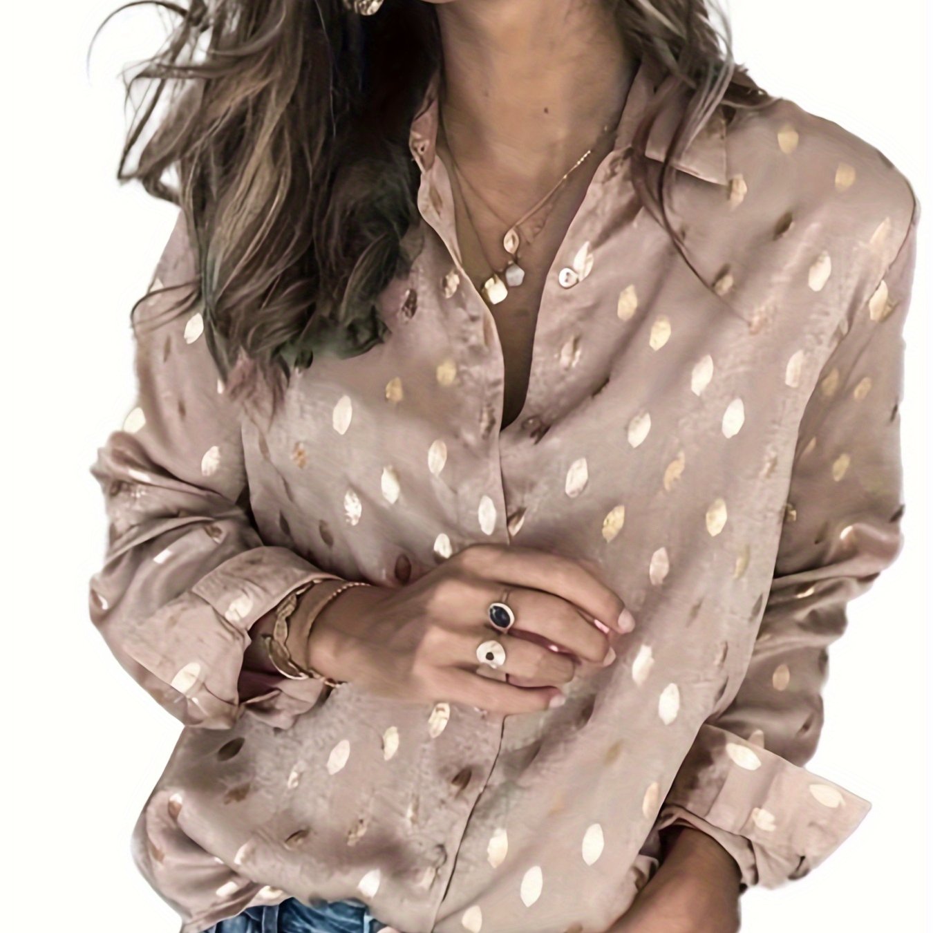 TEMU Women Polka Blouse, Long Sleeve Lapel Neck Button Up Shirt, Loose Fit Tops For Spring, Fall