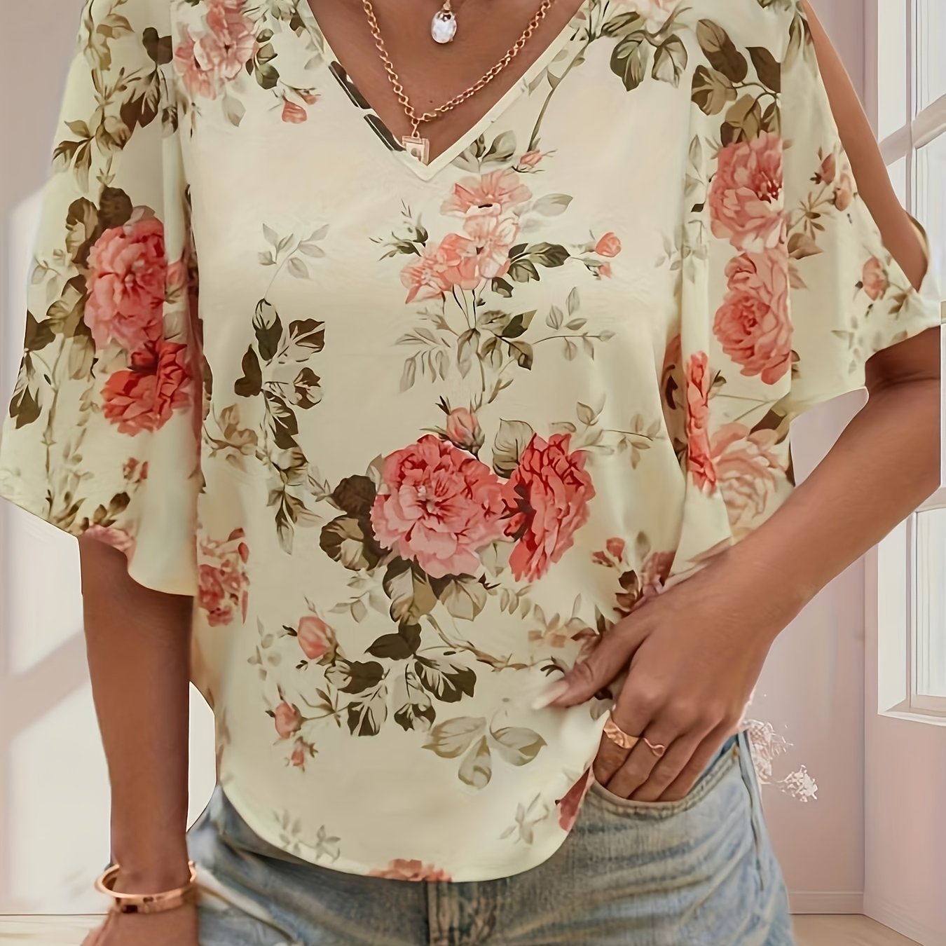 TEMU Floral Print Cut Out V-neck Blouse, Elegant Sleeve Blouse For , Women's Clothing