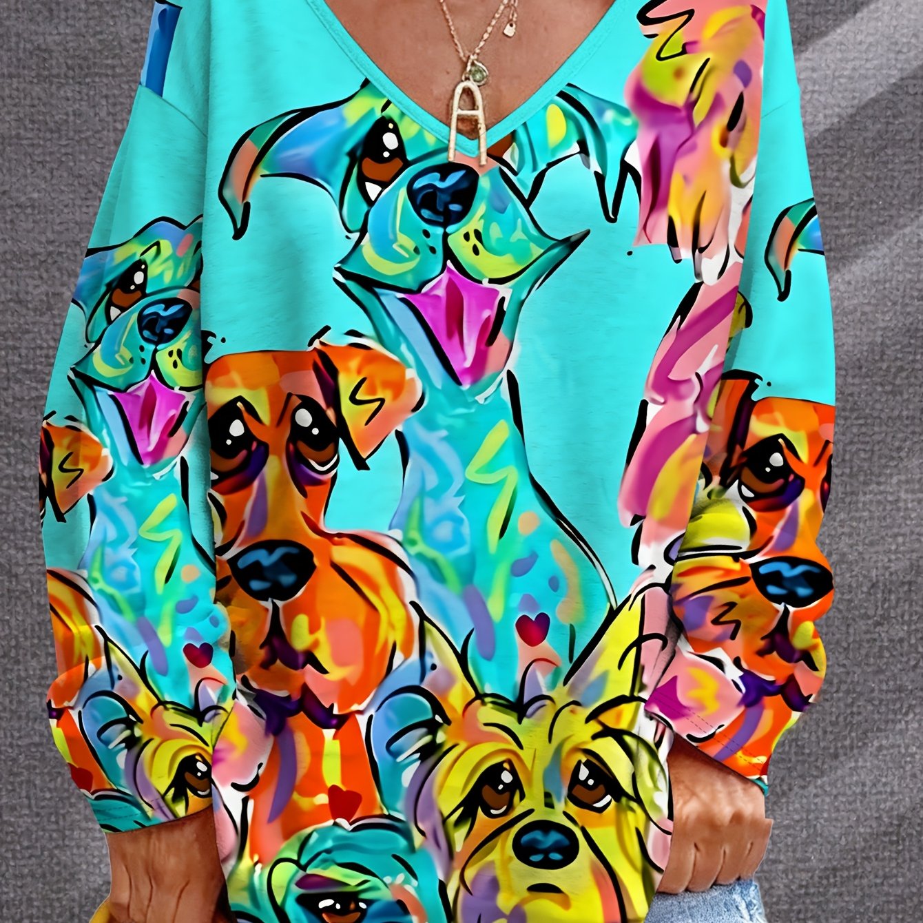 TEMU Women's Plus Size Colorful Dog Print V-neck Loose Long Sleeve T-shirt, Fashionable Printed , Versatile Style