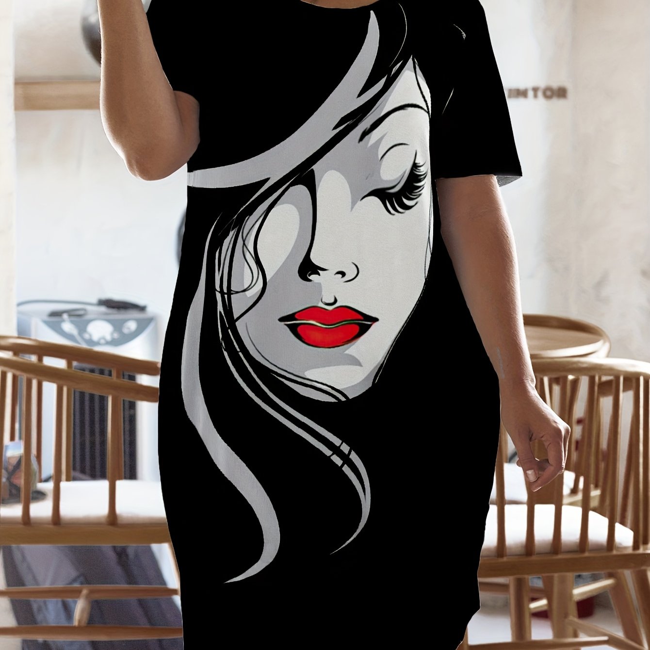TEMU Plus Size - Summer Geometric Abstract Pattern Placement Print Round Neck Short Sleeve 's T-shirt Top