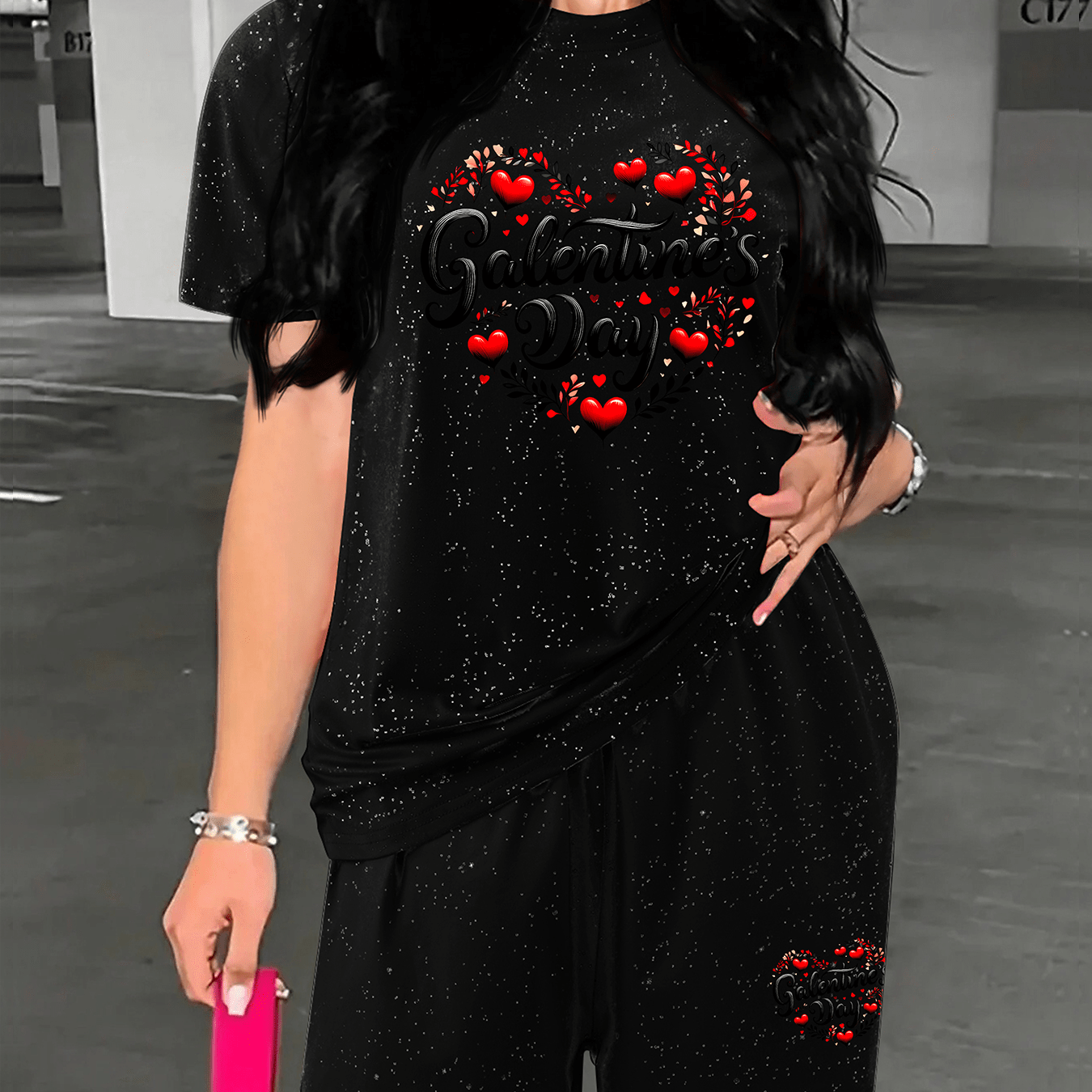 TEMU Women's Casual Valentine's Day Graphic Tee & Shorts Set - "valentine's Day" Print, Short Sleeve, Round Neck, Shorts With Red , Spring/summer,