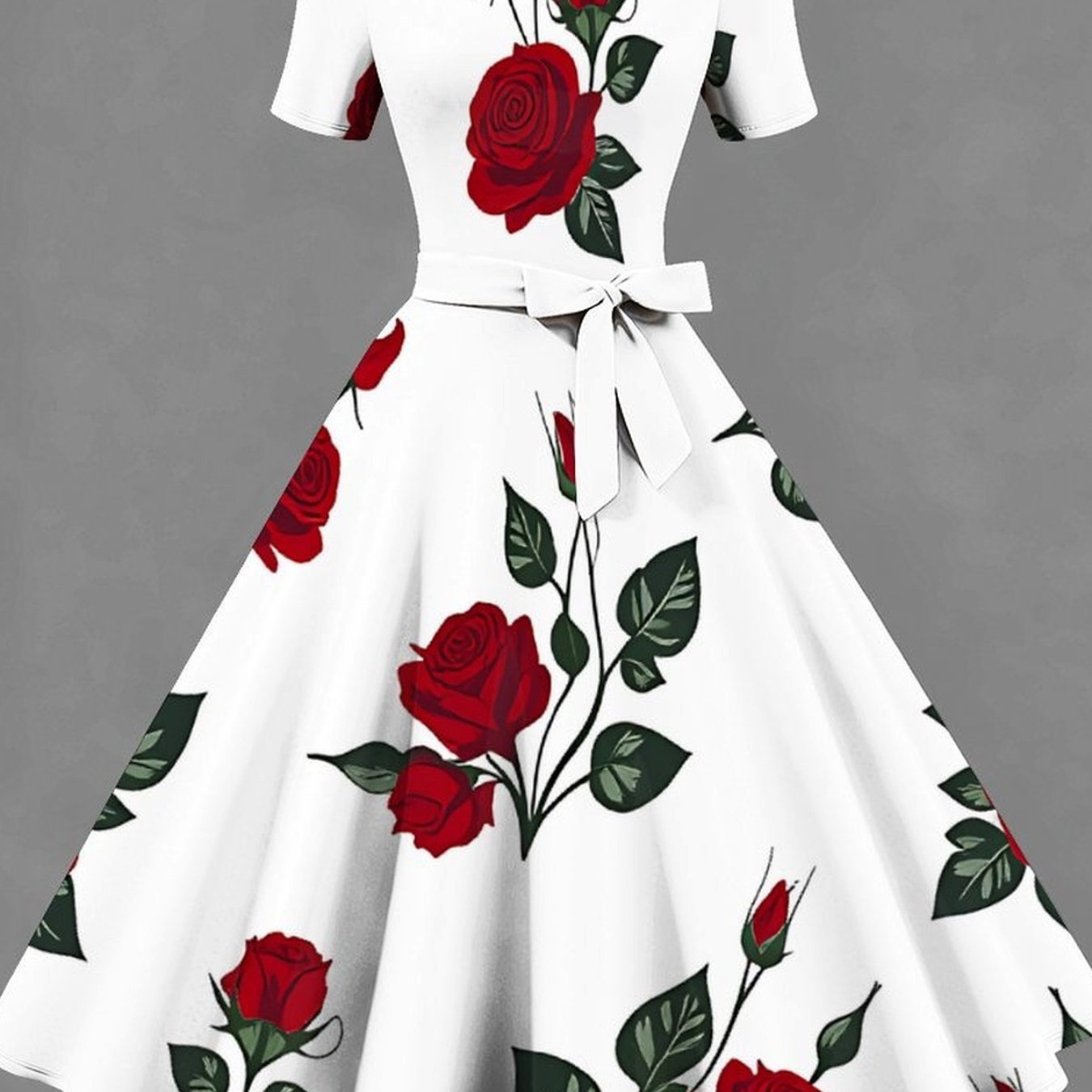 Plus Size, Plus-size Women's Short-sleeve Square Neck Dress With Full Flared Skirt, Classic Trendy Print. Adopts Three-dimensional Tailoring To Reshape Body , Ideal For Daily Commutes And Parties.