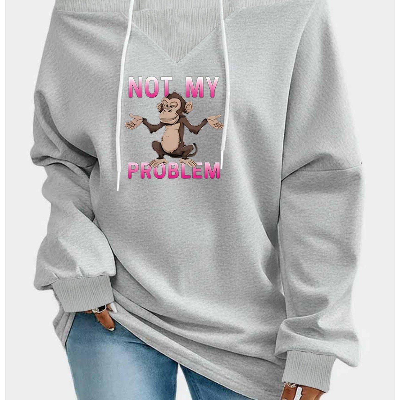 TEMU Plus Size - Plus Size - Animals, Monkeys, Cartoon, Letters Not My Problem Print, Lazy Style, Plus-size Trendy Women's Clothing, Off-shoulder